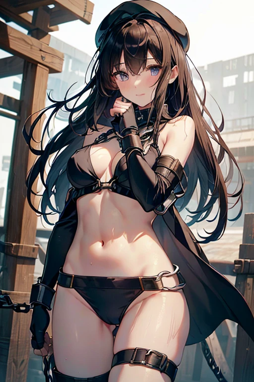 (Thynasha:1.2),dark blue hair,very long hair, purple eyes,(beautiful detailed eyes:1.0), extremely detailed face, perfect lighting, hair between eyes,bangs, (black beret, black jacket, open clothes, cleavage, midriff, black medium skirts, black thighhighs, thigh strap, fingerless gloves, single glove:1.2), Photo,sharpness, F1.6 lens,hyper-realistic textures,spectacular light textures, Cinestil 800 Fashion Mechanics,(((Beautiful woman with left leg restrained by chains))),Appearance,Beautiful girl with accentuated slender abs: 1.1,six-pack abs: 1.1, Bust Botox,Standing on tiptoe, long legs,Long brown hair fluttering in the wind,Brown hair, Long hair, Female Warrior Costume,(No panties,No bra),(tacticul battle fashion,elbow and knee tacticul battle fashion, battle glove: 1.1),((cute batre costume)),The belly comes out and the navel is visible,Thin sheer costume, combat gloves,shredded costumes,cyber long combat boots with golden knee pads,Anatomical,(futuristic sci-fi battle fashion, new elbow and knee cyberpads, new cyberlong boots, new cybergloves: 1.1),(tied perfectly by iron chain:1.3), Restraint, Slave, collars, contempt, (Chained), 4 chains hung from heaven, Metallic shackles and fetters, wet crotch clearly visible,((Hands are restrained above the head)), the neck is chained,Chain from left knee to heaven,Chained by rusty iron chains,((the tip is protruding, areolas protruding,The shape of the pubic harearea is clearly visible:0.9)),Sweating,Wet,Wet crotch,Wet thighs,Junkyard, Realistic, (cute, perfect clothes, skimpy clothes, cute: 1.3) ,Vast miritary base in us,((wide mirtary hospital with summer sunlight)), peeling ceilings, Rebar between, Realistic material details, Extreme details, Ultra-realistic materials,narrow waist,(with sparkling eyes and a contagious smile:0.9),looking at viewer,