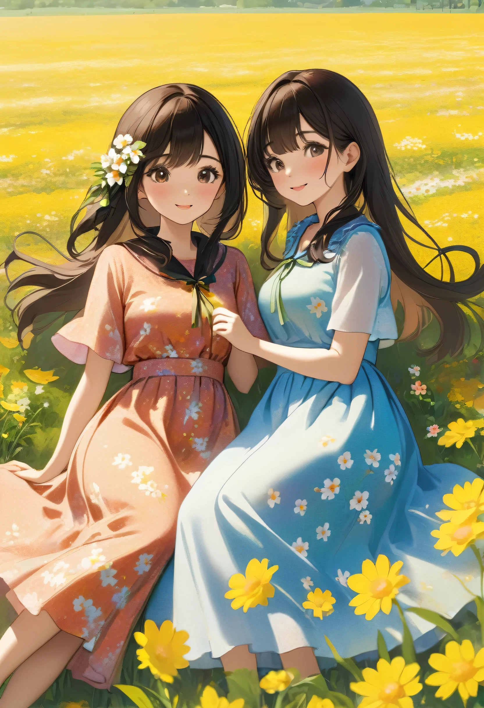 highest quality、High resolution、Detailed Background、Beautiful face in every detail、Anatomically correct、Detailed facial expressions、Teenage beauty、Huge breasts、Perfect body line、cute hair color、Black Hair、brown hair、Bobcut、Long Hair、ponytail、Calm atmosphere、Couple date in spring flower field、sunny、Cowboy Shot、
Two girls enjoying a relaxing picnic in a flower field, spreading out a colorful blanket、
Cute basket with fruits and sandwiches、Try packing in your favorite snacks such as sweets、
During your picnic, you can make cute leis using flowers from the flower garden and take photos.、
If you try bundling flowers you've picked yourself or making cute flower crowns or bouquets, the atmosphere will be even more like a flower garden、
Walking through a field of flowers in matching casual outfits or stylish dress outfits will give you an even more romantic atmosphere、
Walking hand in hand and taking pictures of each other will make for a cute and memorable date.、
It's a situation where you can enjoy taking pictures in a flower field with friends、
Try putting on a pretty dress and posing in a flower field or smiling in a stylish pose.、
Enjoy your time by incorporating stylish outfits, accessories, and cute accessories.、
Choose a dress that is light and feminine、
I recommend those with floral patterns or light colors、
Pair it with a wide-brim hat for a stylish accent while blocking sunlight from the sun、
Choose a flared skirt、The bright colors and floral patterns give a gorgeous impression、
Pair it with a blouse in a calm color for a well-balanced look、
If you put in a blouse to accentuate your waist, you can create a stylish look、
Choose a light and cool chiffon blouse、
If you choose sandals with flat feet, you can walk easily and look beautiful at your ankles、
Please enjoy a stylish flower garden date by adding ingenuity to how to choose accessories、cute