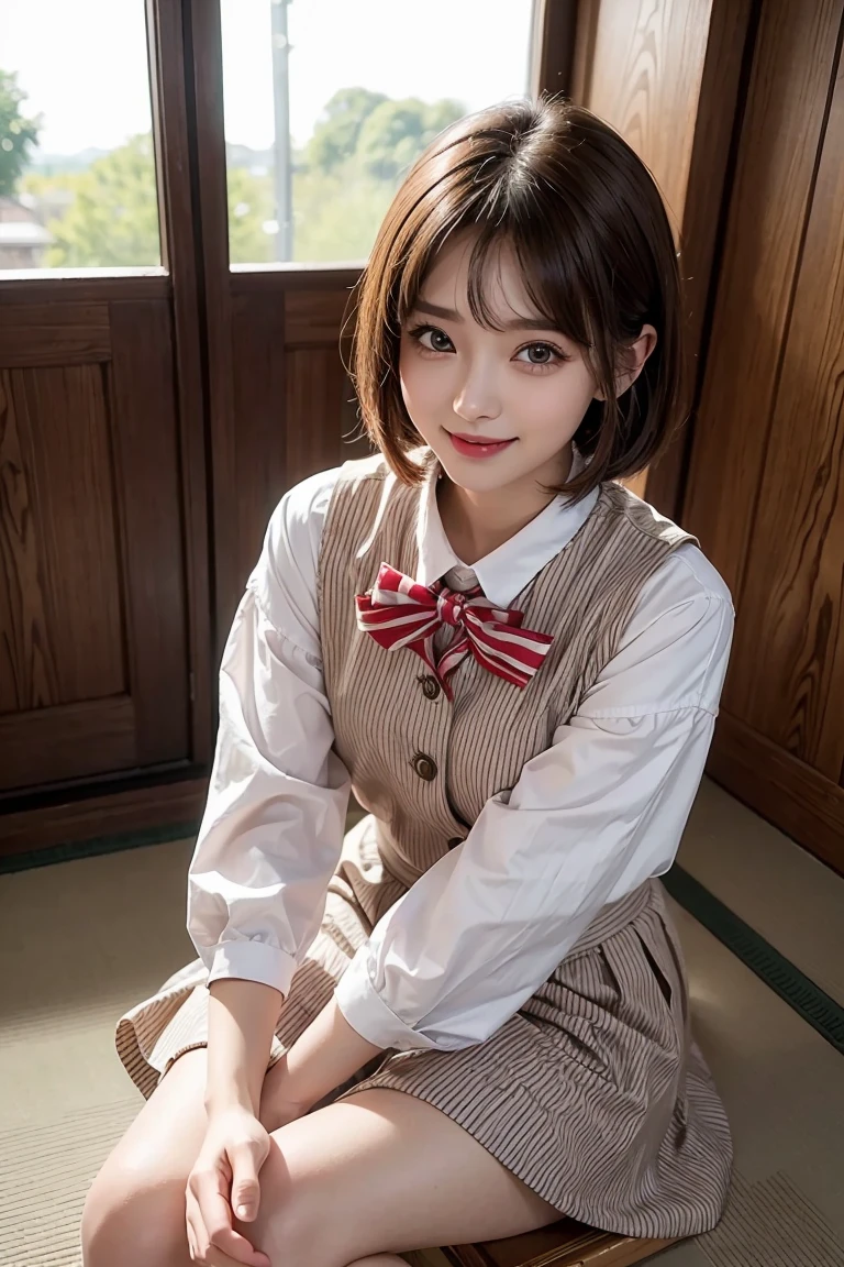 (Hyperreal Stick:1.4), (photoRealstic:1.4), Masterpiece、top-quality、Intense highlights in the eyes、a beautiful detailed girl, extremely detailed eye and face, beatiful detailed eyes, Ridiculous, unbelievable Ridiculous,Cute smile、 ultra-detailliert, hight resolution, ighly detailed, best qualtiy, masuter piece, ((Japan Girls' High School Uniform)), ighly detailed, 8k wallpaper, magnifica, finely detail, masuter piece,, best qualtiy, Very detailed uh uniform 8k wallpaper, Light on the Face、Movie Lighting、a 18 year old girl、((dynamicposes))、(half)、(Sitting on legs with bent knees)、short-hair、long neck、Put your ears out、bangss、big eye、Lashes、Beautiful teeth、kawaii、a very cute