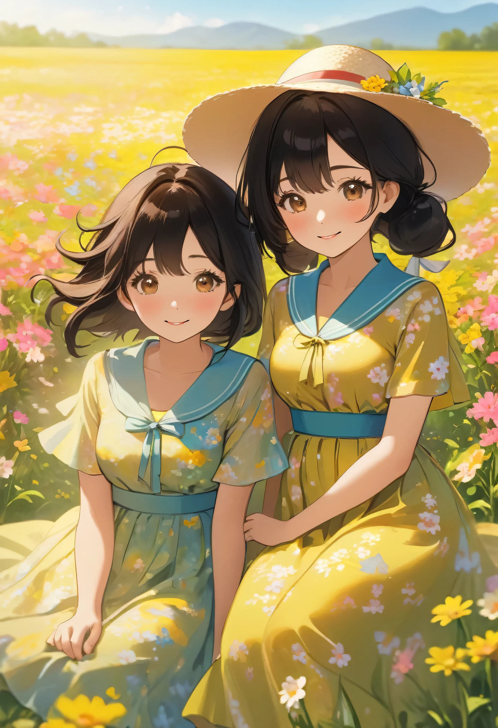 highest quality、High resolution、Detailed Background、Beautiful face in every detail、Anatomically correct、Detailed facial expressions、Teenage beauty、Huge breasts、Perfect body line、cute hair color、Black Hair、brown hair、Bobcut、Long Hair、ponytail、Calm atmosphere、Couple date in spring flower field、sunny、Cowboy Shot、
Two girls enjoying a relaxing picnic in a flower field, spreading out a colorful blanket、
Cute basket with fruits and sandwiches、Try packing in your favorite snacks such as sweets、
During your picnic, you can make cute leis using flowers from the flower garden and take photos.、
If you try bundling flowers you've picked yourself or making cute flower crowns or bouquets, the atmosphere will be even more like a flower garden、
Walking through a field of flowers in matching casual outfits or stylish dress outfits will give you an even more romantic atmosphere、
Walking hand in hand and taking pictures of each other will make for a cute and memorable date.、
It's a situation where you can enjoy taking pictures in a flower field with friends、
Try putting on a pretty dress and posing in a flower field or smiling in a stylish pose.、
Enjoy your time by incorporating stylish outfits, accessories, and cute accessories.、
Choose a dress that is light and feminine、
I recommend those with floral patterns or light colors、
Pair it with a wide-brim hat for a stylish accent while blocking sunlight from the sun、
Choose a flared skirt、The bright colors and floral patterns give a gorgeous impression、
Pair it with a blouse in a calm color for a well-balanced look、
If you put in a blouse to accentuate your waist, you can create a stylish look、
Choose a light and cool chiffon blouse、
If you choose sandals with flat feet, you can walk easily and look beautiful at your ankles、
Please enjoy a stylish flower garden date by adding ingenuity to how to choose accessories、cute