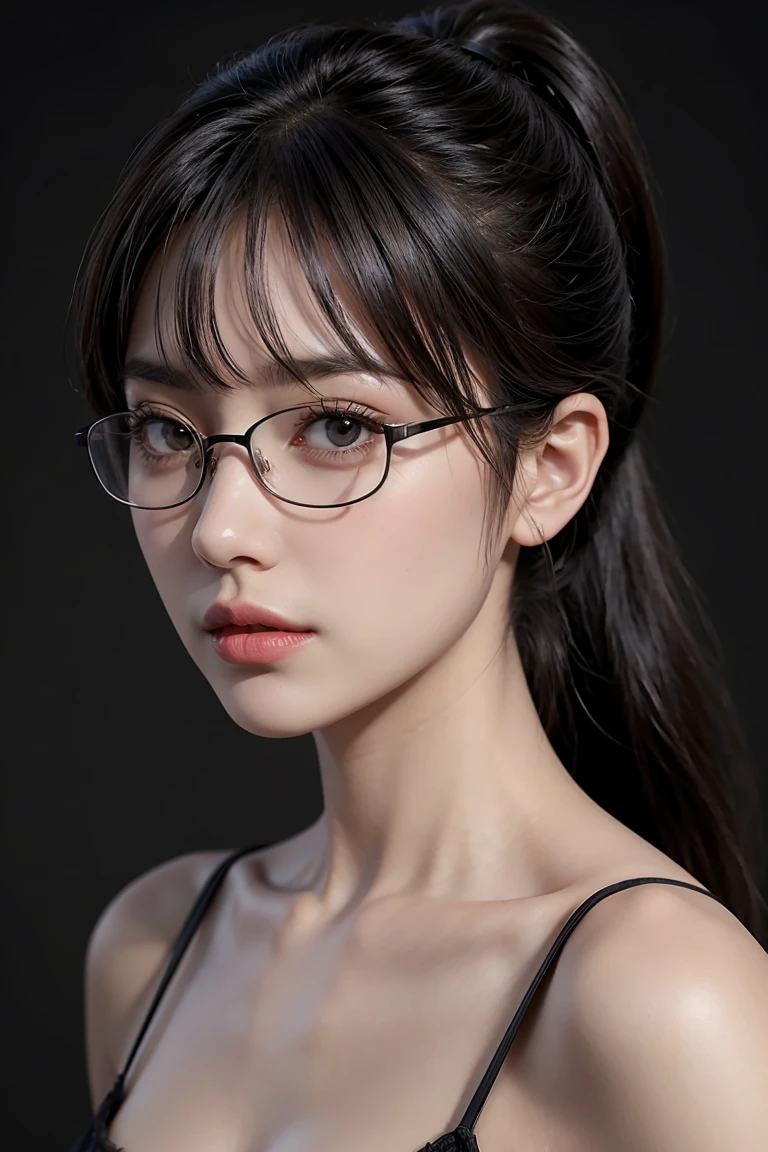 Generate with SFW, ((Face close-up)), (highest quality:1.4), (Realistic:1.5), (Super realistic:1.5), High resolution 32k UHD, (masterpiece:1.2), (Improvement of quality:1.4), (very beautiful facial details), (Highest quality realistic skin texture:1.4), 1woman, Japanese women, ((black rimmed glasses)), black camisole, Highly detailed face, Symmetrical eyes, Beautiful Eyes, (Clear Eyes), (detailed eyelashes), (Highly detailed lips), (tired, Sleepy and satisfied:0.0), There is strong backlighting., Shiny black hair, hanging bangs, ponytail, Slim figure, 