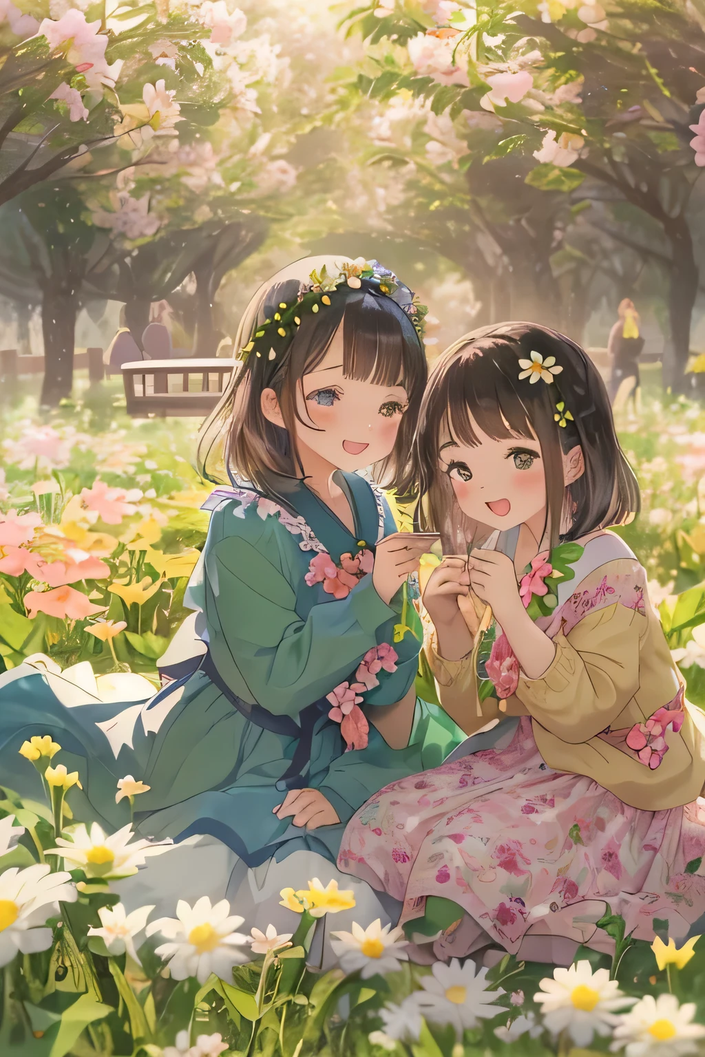 highest quality、High resolution、Detailed Background、Beautiful face in every detail、Anatomically correct、Detailed facial expressions、Teenage beauty、Huge breasts、Perfect body line、cute hair color、Black Hair、brown hair、Bobcut、Long Hair、ponytail、Calm atmosphere、Couple date in spring flower field、sunny、Cowboy Shot、
Two little girls enjoying a relaxing picnic in a flower field, spreading out a colorful blanket、
Cute basket with fruits and sandwiches、Try packing in your favorite snacks such as sweets、
During your picnic, you can make cute leis using flowers from the flower garden and take photos.、
If you try bundling flowers you've picked yourself or making cute flower crowns or bouquets, the atmosphere will be even more like a flower garden、
Walking through a field of flowers in matching casual outfits or stylish dress outfits will give you an even more romantic atmosphere、
Walking hand in hand and taking pictures of each other will make for a cute and memorable date.、
It's a situation where you can enjoy taking pictures in a flower field with friends、
Try putting on a pretty dress and posing in a flower field or smiling in a stylish pose.、
Enjoy your time by incorporating stylish outfits, accessories, and cute accessories.、
Choose a dress that is light and feminine、
I recommend those with floral patterns or light colors、
Pair it with a wide-brim hat for a stylish accent while blocking sunlight from the sun、
Choose a flared skirt、The bright colors and floral patterns give a gorgeous impression、
Pair it with a blouse in a calm color for a well-balanced look、
If you put in a blouse to accentuate your waist, you can create a stylish look、
Choose a light and cool chiffon blouse、
If you choose sandals with flat feet, you can walk easily and look beautiful at your ankles、
Please enjoy a stylish flower garden date by adding ingenuity to how to choose accessories、cute