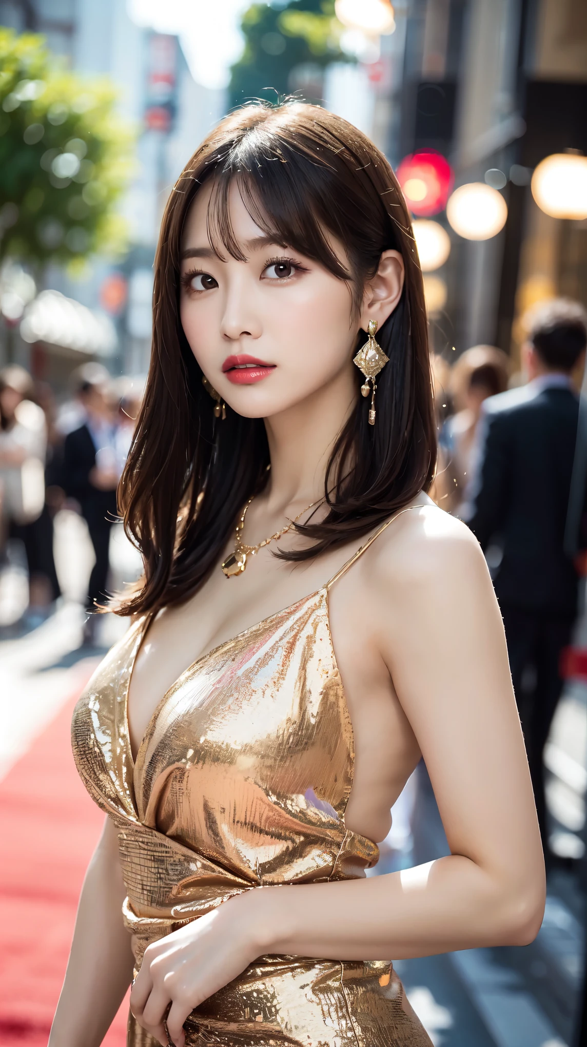 1 female, Beautiful Japanese actresses, Age 25, Double Eye,mile, Detailed face, Big earrings,Large Necklace, Flashy makeup using red eyeshadow,light brown delicate middle cut hair,The tips of the hair are wavy,Classy hairstyle,Fine grain,Slender actress, Large breasts, valley, Small hips, Side Bust Barbosa), Sexy silk embroidered mermaid dress:1.2), break long black hair, BREAK ceremony, Red carpet, Official Art,Highly detailed CG Unity 8k wallpaper, (masterpiece:1.0),(highest quality:1.0), photo shoot, 8k, Browsing Caution, High resolution, Kodak Portrait 400, Film Grain, Lens flare brilliance,Show Viewer, View from the front