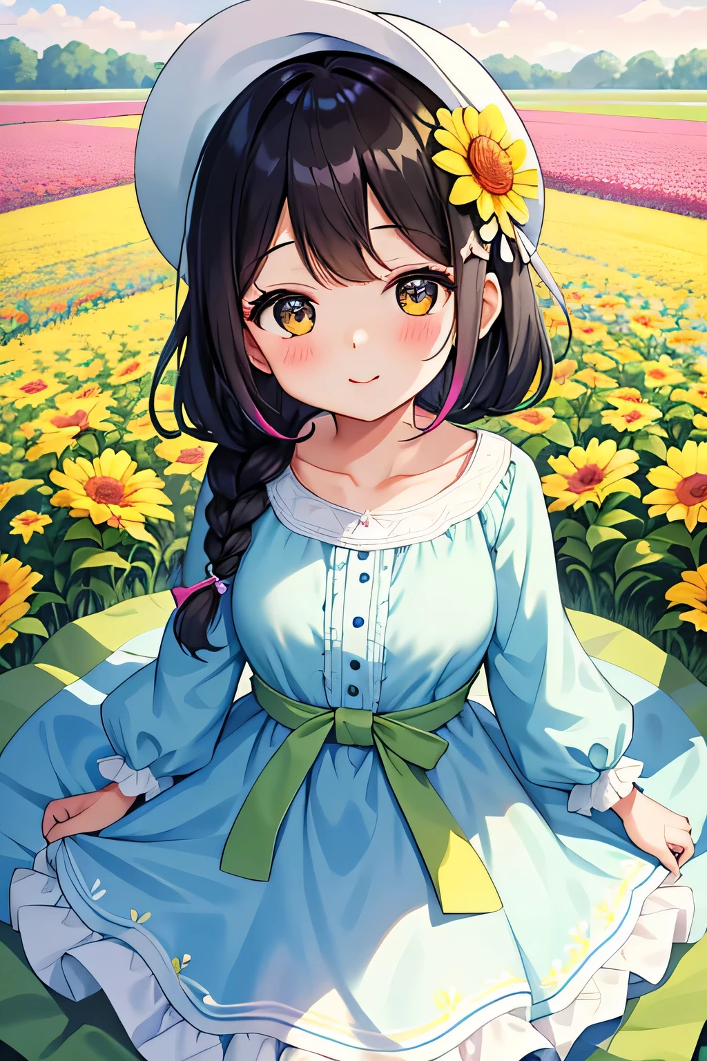 (highest quality:1.4)、High resolution、Detailed Background、(Beautiful face in every detail:1.4)、(Anatomically correct)、(Draw the usual number of fingers:1.2)、(Detailed facial expressions)、Realistic、Teenage beauty、(Huge breasts:1.2)、Perfect body line、cute hair color、Black Hair、brown hair、Bobcut、Braided long hair、Braided Ponytail、Braided Hairstyles、Calm atmosphere、Couple date in spring flower field、sunny、Cowboy Shot、

(Two little girls enjoying a relaxing picnic in a flower field, spreading out a colorful blanket:1.5)、
Cute basket with fruits and sandwiches、Try packing in your favorite snacks such as sweets、
During your picnic, you can make cute leis using flowers from the flower garden and take photos.、
If you try bundling flowers you've picked yourself or making cute flower crowns or bouquets, the atmosphere will be even more like a flower garden、
Walking through a field of flowers in matching casual outfits or stylish dress outfits will give you an even more romantic atmosphere、
Walking hand in hand and taking pictures of each other will make for a cute and memorable date.、
It's a situation where you can enjoy taking pictures in a flower field with friends、
Try putting on a pretty dress and posing in a flower field or smiling in a stylish pose.、
Enjoy your time by incorporating stylish outfits, accessories, and cute accessories.、

Choose a dress that is light and feminine、
I recommend those with floral patterns or light colors、
Pair it with a wide-brim hat for a stylish accent while blocking sunlight from the sun、
Choose a flared skirt、The bright colors and floral patterns give a gorgeous impression、
Pair it with a blouse in a calm color for a well-balanced look、
If you put in a blouse to accentuate your waist, you can create a stylish look、
Choose a light and cool chiffon blouse、
If you choose sandals with flat feet, you can walk easily and look beautiful at your ankles、
Please enjoy a stylish flower garden date by adding ingenuity to how to choose accessories、cute
