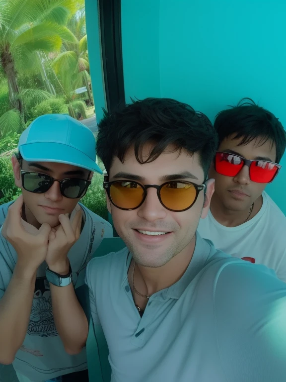 three men in sunglasses and a cap are posing for a picture, with sunglass, wearing red tainted glasses, wearing shades, wearing glack glasses, vacation photo, selfie photo, shot on gopro9, in sun glasses, !!wearing modern glasses!!, wearing cool sunglasses, shot on nikon z9, taken with sony alpha 9, wearing goggles, distorted photo