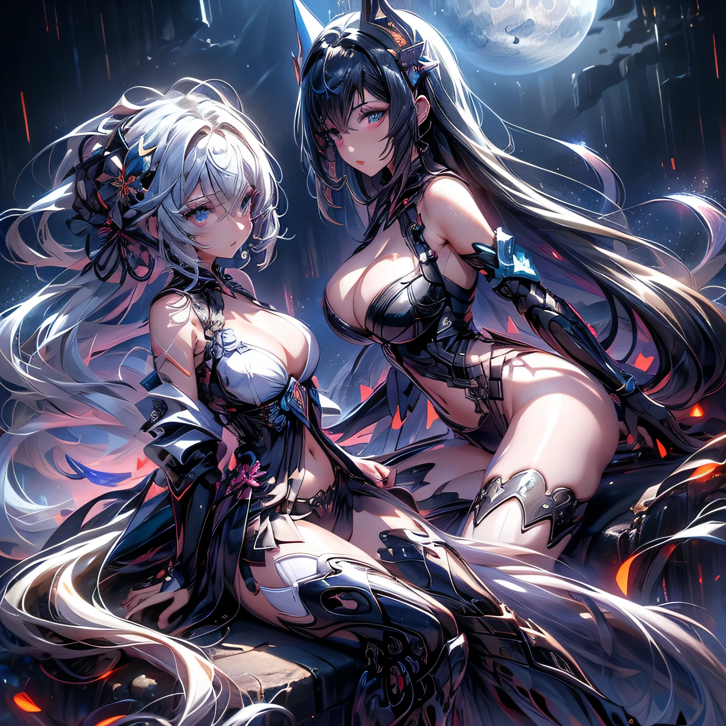 highest quality Ultra-high resolution black hair Long Hair fair skin Black Eyes black 漆black moon Starry Sky knife Big Tits Beautiful Girl sick crystal