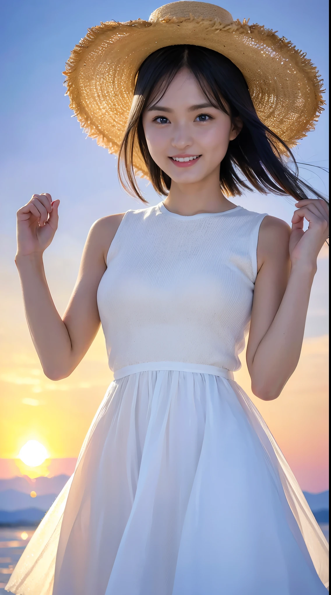 One girl, masterpiece, Very detailed, (Beautiful sparkle), Lens flare, Gray Hair, short hair, floating hair, Recall, Behind the back, smile, blue eyes, White Dress, Medium chest, Upper Body, Wide Shot, Straw hat, ((Uyuni salt lake)), sunrise, cloud, Backlight, Purple Sky, yellow sky, Gradient Sky, put your hand on the hat