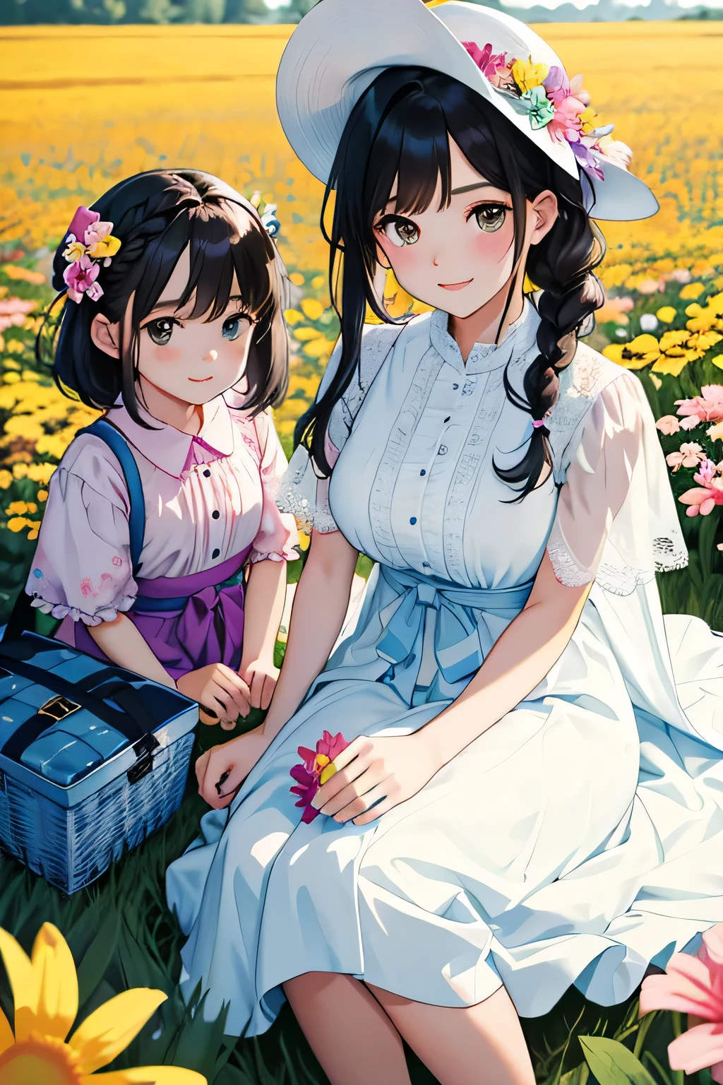 (highest quality:1.4)、High resolution、Detailed Background、(Beautiful face in every detail:1.4)、(Anatomically correct)、(Draw the usual number of fingers:1.2)、(Detailed facial expressions)、Realistic、Teenage beauty、(Huge breasts:1.2)、Perfect body line、cute hair color、Black Hair、brown hair、Bobcut、Braided long hair、Braided Ponytail、Braided Hairstyles、Calm atmosphere、Couple date in spring flower field、sunny、Cowboy Shot、
(Two enjoying a relaxing picnic in a flower field, spreading out a colorful blanket:1.5)、
Cute basket with fruits and sandwiches、Try packing in your favorite snacks such as sweets、
During your picnic, you can make cute leis using flowers from the flower garden and take photos.、
If you try bundling flowers you've picked yourself or making cute flower crowns or bouquets, the atmosphere will be even more like a flower garden、
Walking through a field of flowers in matching casual outfits or stylish dress outfits will give you an even more romantic atmosphere、
Walking hand in hand and taking pictures of each other will make for a cute and memorable date.、
It's a situation where you can enjoy taking pictures in a flower field with friends、
Try putting on a pretty dress and posing in a flower field or smiling in a stylish pose.、
Enjoy your time by incorporating stylish outfits, accessories, and cute accessories.、
Choose a dress that is light and feminine、
I recommend those with floral patterns or light colors、
Pair it with a wide-brim hat for a stylish accent while blocking sunlight from the sun、
Choose a flared skirt、The bright colors and floral patterns give a gorgeous impression、
Pair it with a blouse in a calm color for a well-balanced look、
If you put in a blouse to accentuate your waist, you can create a stylish look、
Choose a light and cool chiffon blouse、
If you choose sandals with flat feet, you can walk easily and look beautiful at your ankles、
Please enjoy a stylish flower garden date by adding ingenuity to how to choose accessories、cute