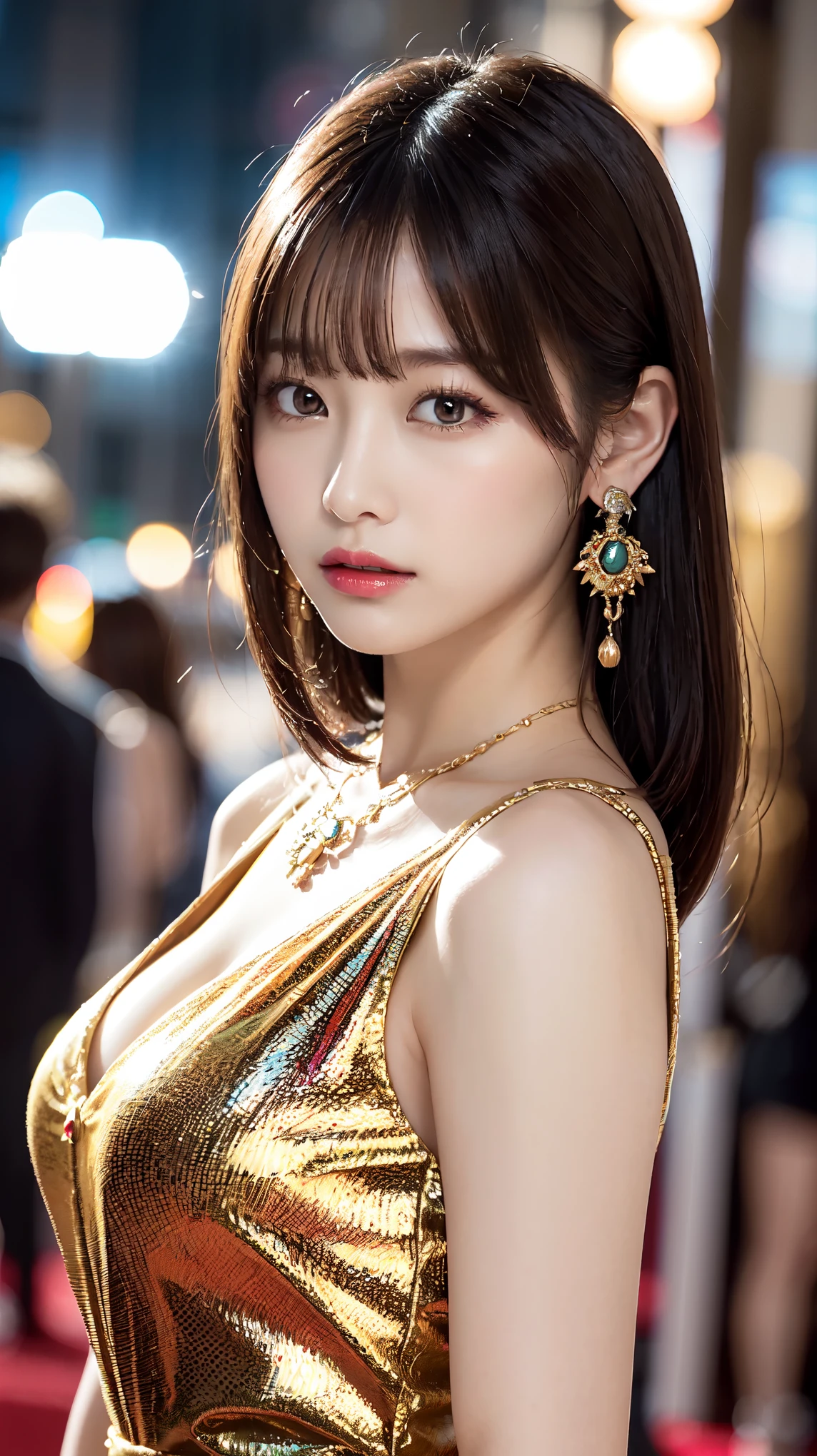 1 female, Beautiful Japanese actresses, Age 25, Double Eye,mile, Detailed face, Big earrings,Large Necklace, Flashy makeup using red eyeshadow,light brown delicate middle cut hair,The tips of the hair are wavy,Classy hairstyle,Fine grain,Slender actress, Large breasts, valley, Small hips, Side Bust Barbosa), Sexy silk embroidered mermaid dress:1.2), break long black hair, BREAK ceremony, Red carpet, Official Art,Highly detailed CG Unity 8k wallpaper, (masterpiece:1.0),(highest quality:1.0), photo shoot, 8k, Browsing Caution, High resolution, Kodak Portrait 400, Film Grain, Lens flare brilliance,Show Viewer, View from the front
