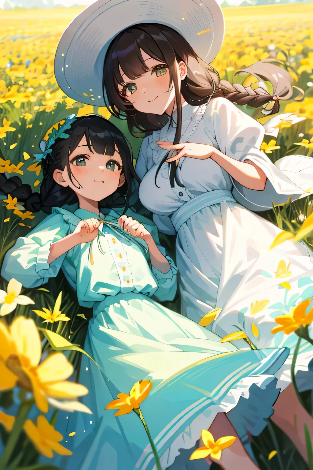 (highest quality:1.4)、High resolution、Detailed Background、(Beautiful face in every detail:1.4)、(Anatomically correct)、(Draw the usual number of fingers:1.2)、(Detailed facial expressions)、Realistic、Teenage beauty、(Huge breasts:1.2)、Perfect body line、cute hair color、Black Hair、brown hair、Bobcut、Braided long hair、Braided Ponytail、Braided Hairstyles、Calm atmosphere、Couple date in spring flower field、sunny、Cowboy Shot、
(Two enjoying a relaxing picnic in a flower field, spreading out a colorful blanket:1.5)、
Cute basket with fruits and sandwiches、Try packing in your favorite snacks such as sweets、
During your picnic, you can make cute leis using flowers from the flower garden and take photos.、
If you try bundling flowers you've picked yourself or making cute flower crowns or bouquets, the atmosphere will be even more like a flower garden、
Walking through a field of flowers in matching casual outfits or stylish dress outfits will give you an even more romantic atmosphere、
Walking hand in hand and taking pictures of each other will make for a cute and memorable date.、
It's a situation where you can enjoy taking pictures in a flower field with friends、
Try putting on a pretty dress and posing in a flower field or smiling in a stylish pose.、
Enjoy your time by incorporating stylish outfits, accessories, and cute accessories.、
Choose a dress that is light and feminine、
I recommend those with floral patterns or light colors、
Pair it with a wide-brim hat for a stylish accent while blocking sunlight from the sun、
Choose a flared skirt、The bright colors and floral patterns give a gorgeous impression、
Pair it with a blouse in a calm color for a well-balanced look、
If you put in a blouse to accentuate your waist, you can create a stylish look、
Choose a light and cool chiffon blouse、
If you choose sandals with flat feet, you can walk easily and look beautiful at your ankles、
Please enjoy a stylish flower garden date by adding ingenuity to how to choose accessories、cute
