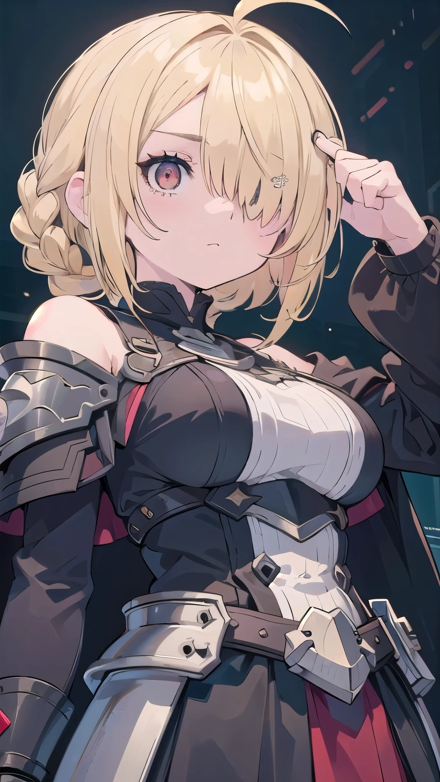 tits、glaring, angry, face palm、breasts close up, blonde ((((((hair over one eye)))))), Braid Styles, spiked hair, blunt bangs, bob hair, a braid, Ahoge red eyes, , (((From below))), from the front, armored dress, Off the shoulder