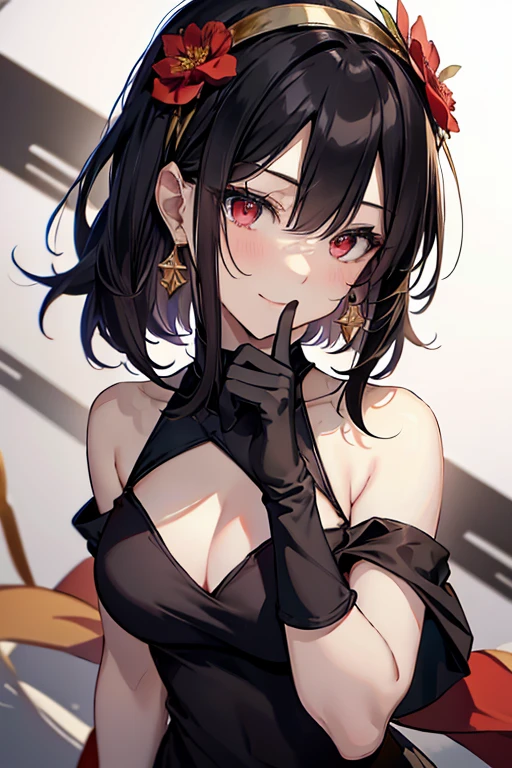 yor briar, anime style beutiful woman, 1girl, happy, smile, red face, closed mouth, beautiful detailed eyes, super detailed skin, backlighting, bare shoulders, black background, black dress, black gloves, black hair, breasts, dress, earrings, fingerless gloves, floating hair, floral print, flower, gloves, gold earrings, gold hairband, hair flower, hair ornament, hairband, holding, holding weapon, jewelry, large breasts, long hair, looking at viewer, off-shoulder dress, off shoulder,red eyes, short hair with long locks, sidelocks, solo, spikes, thighs, two-sided dress, two-sided fabric, weapon, fighting stance , face, close up, from above, highest quality, high resolution.