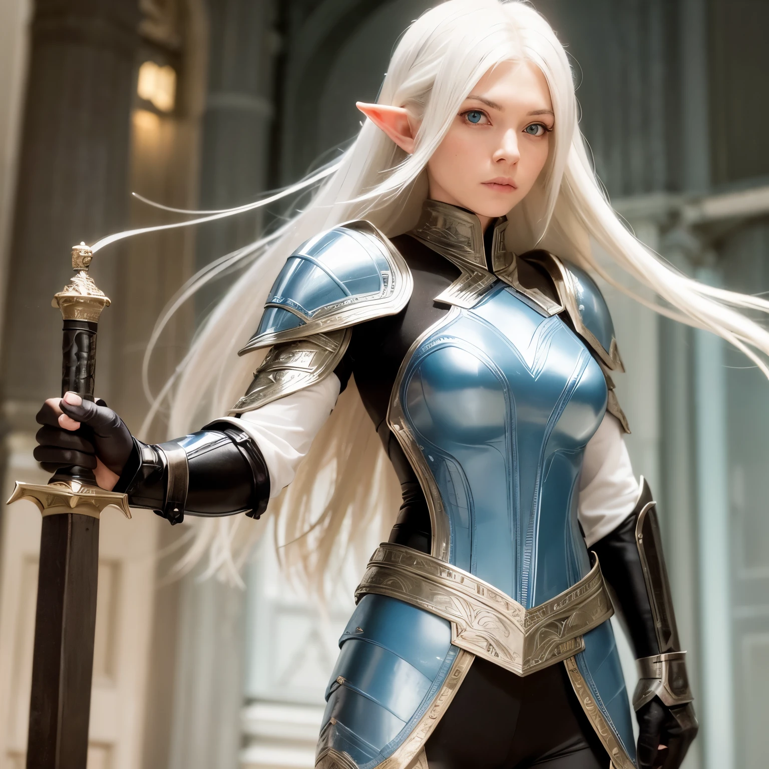 Half-elf, medium length white hair, blue eyes, female warrior, delicate, strong, leather armor, light skin, female beauty, elegant, half-elf warrior, leather medieval armor, white hair, light eyes, bluish eyes, tall woman, strong warrior woman with a long sword and a leather armor with medium length white hair and light blue eyes