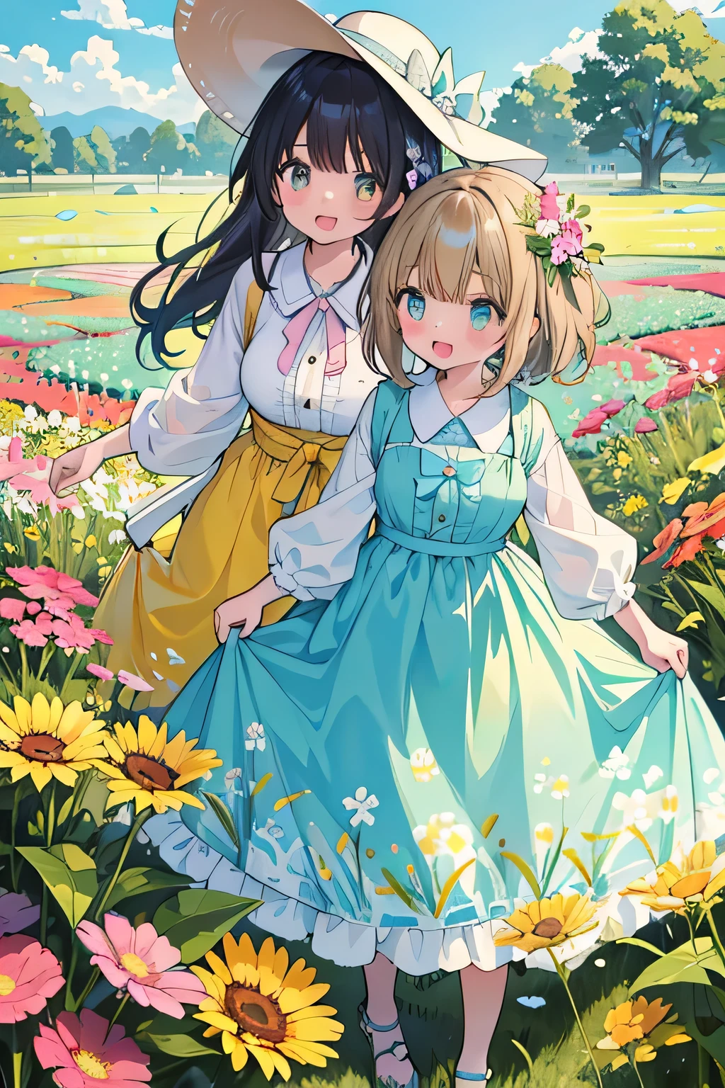 (highest quality:1.4)、High resolution、Detailed Background、(Beautiful face in every detail:1.4)、(Anatomically correct)、(Draw the usual number of fingers:1.2)、(Detailed facial expressions)、Realistic、age beauty、(Huge breasts:1.2)、Perfect body line、cute hair color、Black Hair、brown hair、Bobcut、Braided long hair、Braided Ponytail、Braided Hairstyles、Calm atmosphere、Couple date in spring flower field、sunny、Cowboy Shot、
(Two girls having a great time strolling through a field of flowers:1.5)、
Two girls strolling through a field of flowers with their partner、
This is a situation where you can spread out a colorful blanket and enjoy a leisurely picnic in a field of flowers、
Cute basket with fruits and sandwiches、Try packing in your favorite snacks such as sweets、
During your picnic, you can make cute leis using flowers from the flower garden and take photos.、
If you try bundling flowers you've picked yourself or making cute flower crowns or bouquets, the atmosphere will be even more like a flower garden、
Walking through a field of flowers in matching casual outfits or stylish dress outfits will give you an even more romantic atmosphere、
Walking hand in hand and taking pictures of each other will make for a cute and memorable date.、
It's a situation where you can enjoy taking pictures in a flower field with friends、
Try putting on a pretty dress and posing in a flower field or smiling in a stylish pose.、
Enjoy your time by incorporating stylish outfits, accessories, and cute accessories.、
Choose a dress that is light and feminine、
I recommend those with floral patterns or light colors、
Pair it with a wide-brim hat for a stylish accent while blocking sunlight from the sun、
Choose a flared skirt、The bright colors and floral patterns give a gorgeous impression、
Pair it with a blouse in a calm color for a well-balanced look、
If you put in a blouse to accentuate your waist, you can create a stylish look、
Choose a light and cool chiffon blouse、
If you choose sandals with flat feet, you can walk easily and look beautiful at your ankles、
Please enjoy a stylish flower garden date by adding ingenuity to how to choose accessories、cute