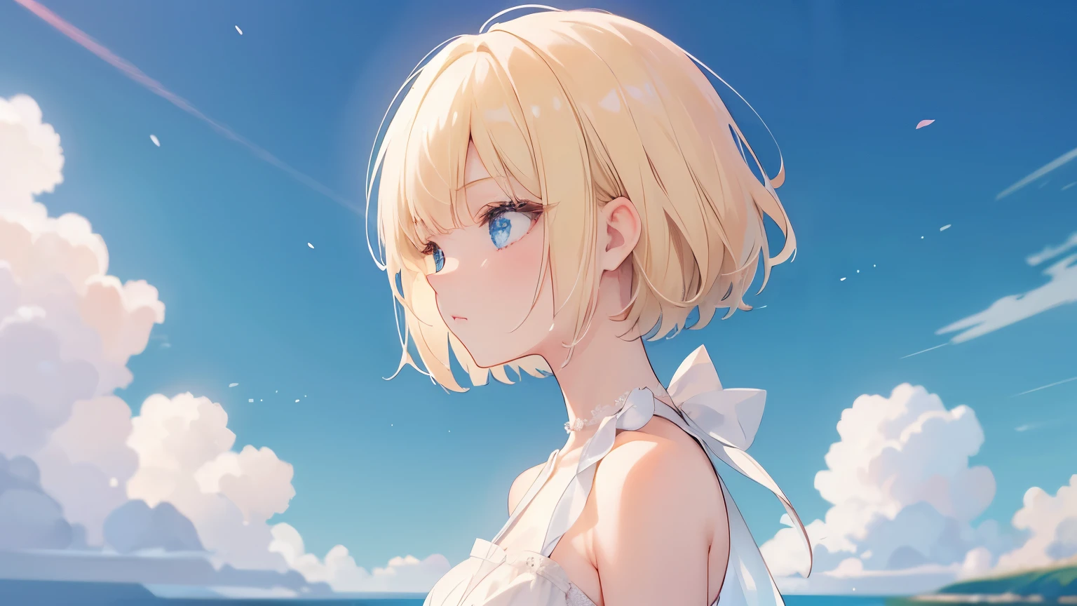 One girl, close, Shoulder focus, From the side, short hair, Blonde, blue eyes, White Dress, Sleeveless dress, Ruffled Dress, Exposing shoulders, Bare arms, blue sky, sunlight,Anime-style illustrations