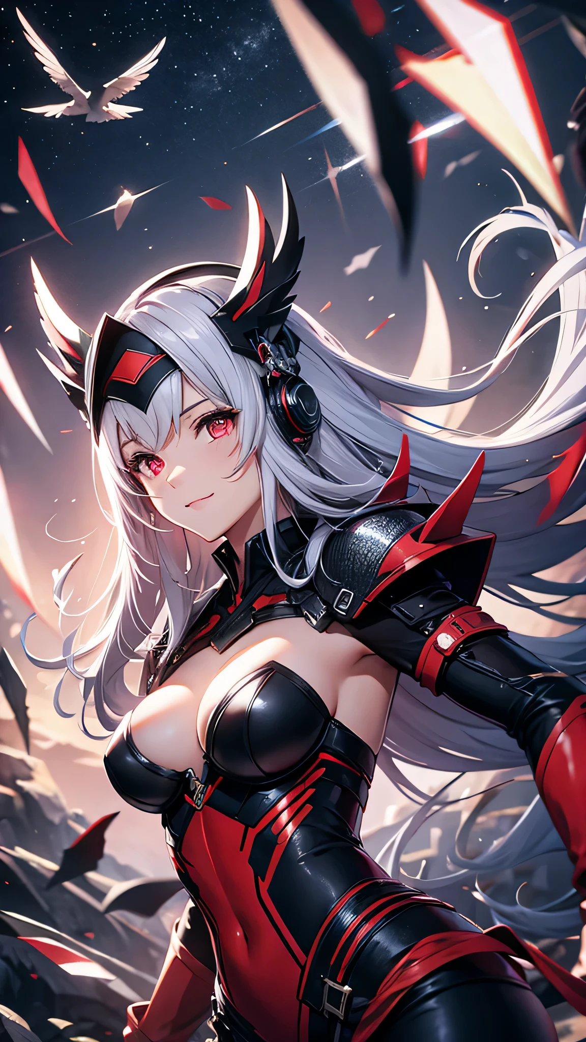 最high quality、Best image quality、masterpiece、girl((20-year-old、 By becoming、Best Bust、Medium Bust,Wide open breast tea、red glowing eyes,Silver Hair、Disheveled Hair、Long Hair、thin,The highest valley、Open chest、White wristband、smile、hair ornaments、Sports Cap、Many accessories、Ninja Suit、Fighting Pose)),high quality、Beautiful art、background((Dark world))、Flight、Flying debris、Written boundary depth、movie、Visual Arts、Perfect art、8K,Genuine、