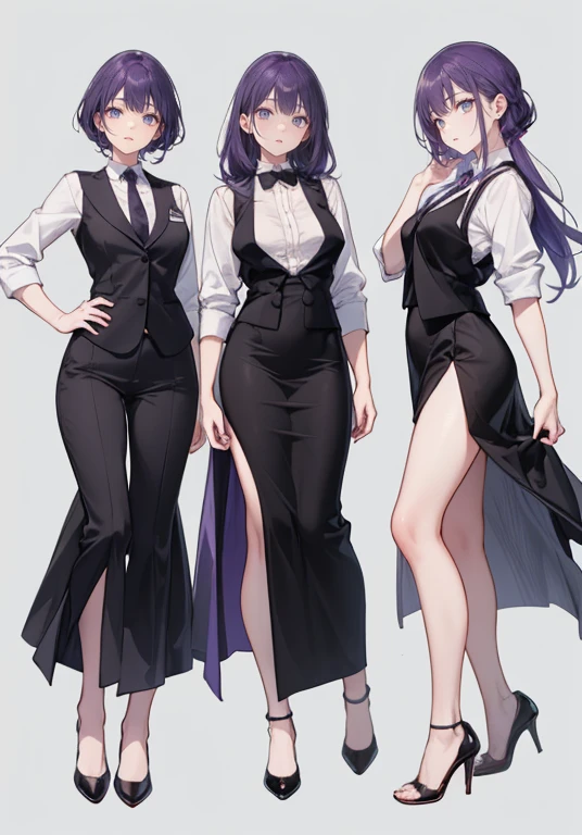 ((Perfect Face)),Purple Hair,voluminous long hair,1 female,bartender,suit,Black vest,Shirt with rolled up sleeves,tie,slit,High heels,,((Simple Background)),smile,((whole body)),((whole body)),Portraiture,virtual,upright,,Both arms are down,Standing upright with face and body facing forward,