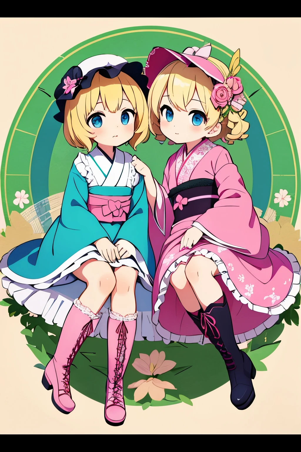 The cutest teenage girls,Blonde curly short hair,Dark blue eyes,Pink kimono,Green band,pink lolita bonnet,Japanese and Western eclectic,Lolita Fashion,kimono,Character portrait,Lace-up boots on the feet