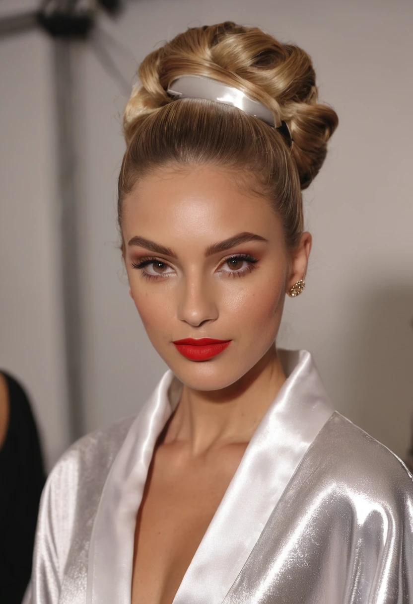 Supermodel, Brazilian, tanned, brown eyes, half body shot, dark blonde hair done up in rollers, backstage at fashion show, beautiful , natural beauty, full makeup, red lipstick , model, 4K, realistic, natural, textured skin, freckles on nose, standing next to African American supermodel with rollers in hair, wearing satin robes.