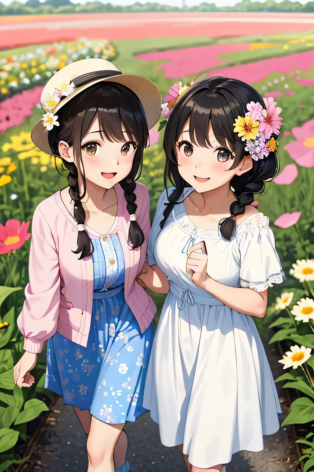 (highest quality:1.4)、High resolution、Detailed Background、(Beautiful face in every detail:1.4)、(Anatomically correct)、(Draw the usual number of fingers:1.2)、(Detailed facial expressions)、Realistic、Teenage beauty、(Huge breasts:1.2)、Perfect body line、cute hair color、Black Hair、brown hair、Bobcut、Braided long hair、Braided Ponytail、Braided Hairstyles、Calm atmosphere、Couple date in spring flower field、sunny、Cowboy Shot、
(Two girls having a great time strolling through a field of flowers:1.5)、
Two girls strolling through a field of flowers with their partner、
This is a situation where you can spread out a colorful blanket and enjoy a leisurely picnic in a field of flowers、
Cute basket with fruits and sandwiches、Try packing in your favorite snacks such as sweets、
During your picnic, you can make cute leis using flowers from the flower garden and take photos.、
If you try bundling flowers you've picked yourself or making cute flower crowns or bouquets, the atmosphere will be even more like a flower garden、
Walking through a field of flowers in matching casual outfits or stylish dress outfits will give you an even more romantic atmosphere、
Walking hand in hand and taking pictures of each other will make for a cute and memorable date.、
It's a situation where you can enjoy taking pictures in a flower field with friends、
Try putting on a pretty dress and posing in a flower field or smiling in a stylish pose.、
Enjoy your time by incorporating stylish outfits, accessories, and cute accessories.、
Choose a dress that is light and feminine、
I recommend those with floral patterns or light colors、
Pair it with a wide-brim hat for a stylish accent while blocking sunlight from the sun、
Choose a flared skirt、The bright colors and floral patterns give a gorgeous impression、
Pair it with a blouse in a calm color for a well-balanced look、
If you put in a blouse to accentuate your waist, you can create a stylish look、
Choose a light and cool chiffon blouse、
If you choose sandals with flat feet, you can walk easily and look beautiful at your ankles、
Please enjoy a stylish flower garden date by adding ingenuity to how to choose accessories、cute