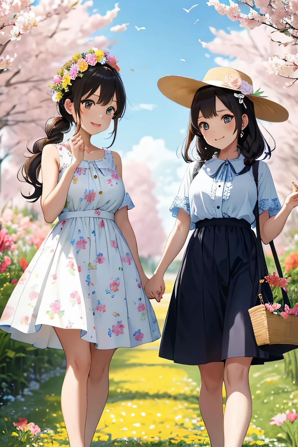 (highest quality:1.4)、High resolution、Detailed Background、(Beautiful face in every detail:1.4)、(Anatomically correct)、(Draw the usual number of fingers:1.2)、(Detailed facial expressions)、Realistic、Teenage beauty、(Huge breasts:1.2)、Perfect body line、cute hair color、Black Hair、brown hair、Bobcut、Braided long hair、Braided Ponytail、Braided Hairstyles、Calm atmosphere、Couple date in spring flower field、sunny、Cowboy Shot、
(Two girls having a great time strolling through a field of flowers:1.5)、
Two girls strolling through a field of flowers with their partner、
This is a situation where you can spread out a colorful blanket and enjoy a leisurely picnic in a field of flowers、
Cute basket with fruits and sandwiches、Try packing in your favorite snacks such as sweets、
During your picnic, you can make cute leis using flowers from the flower garden and take photos.、
If you try bundling flowers you've picked yourself or making cute flower crowns or bouquets, the atmosphere will be even more like a flower garden、
Walking through a field of flowers in matching casual outfits or stylish dress outfits will give you an even more romantic atmosphere、
Walking hand in hand and taking pictures of each other will make for a cute and memorable date.、
It's a situation where you can enjoy taking pictures in a flower field with friends、
Try putting on a pretty dress and posing in a flower field or smiling in a stylish pose.、
Enjoy your time by incorporating stylish outfits, accessories, and cute accessories.、
Choose a dress that is light and feminine、
I recommend those with floral patterns or light colors、
Pair it with a wide-brim hat for a stylish accent while blocking sunlight from the sun、
Choose a flared skirt、The bright colors and floral patterns give a gorgeous impression、
Pair it with a blouse in a calm color for a well-balanced look、
If you put in a blouse to accentuate your waist, you can create a stylish look、
Choose a light and cool chiffon blouse、
If you choose sandals with flat feet, you can walk easily and look beautiful at your ankles、
Please enjoy a stylish flower garden date by adding ingenuity to how to choose accessories、cute