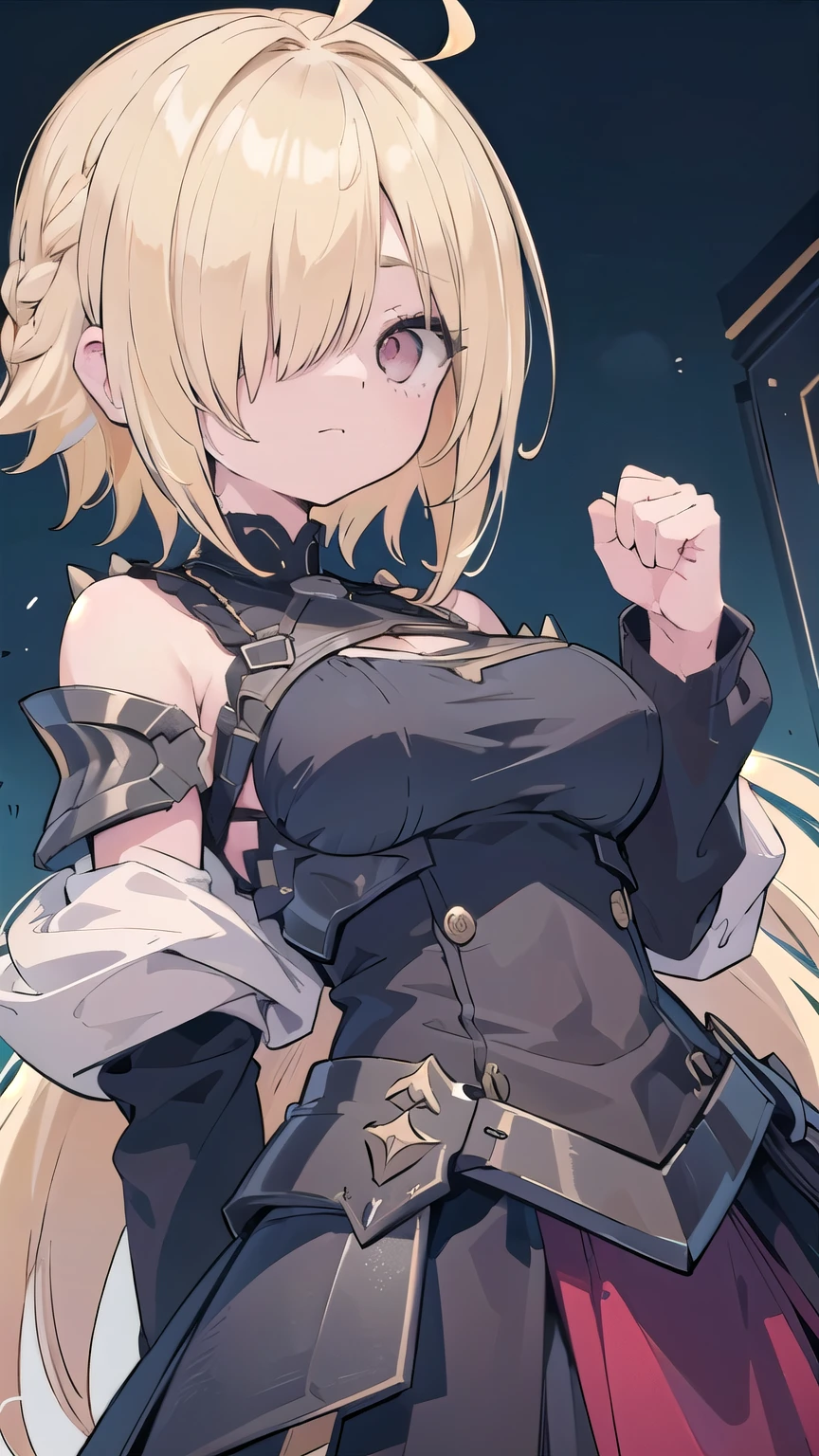 Anime style beutiful woman, 1girl,fullbody, happy, (with sparkling eyes and a contagious smile:1.2), red face, closed mouth, beautiful detailed eyes, super detailed skin, backlighting, bare shoulders, black background, black dress, black gloves, black hair, breasts, dress, earrings, fingerless gloves, floating hair, floral print, flower, gloves, gold earrings, gold hairband, hair flower, hair ornament, hairband, holding, holding weapon, jewelry, large breasts, long hair, looking at viewer, off-shoulder dress, off shoulder,red eyes, short hair with long locks, sidelocks, solo, spikes, thighs, two-sided dress, two-sided fabric, weapon, fighting stance , face, close up, from above, highest quality, high resolution,Real World, Natural light,perfect Natural light,looking at viewer,