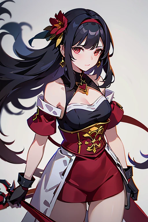 yor briar, anime style beutiful woman, 1girl, happy, smile, red face, closed mouth, beautiful detailed eyes, super detailed skin, backlighting, bare shoulders, black background, black dress, black gloves, black hair, breasts, dress, earrings, fingerless gloves, floating hair, floral print, flower, gloves, gold earrings, gold hairband, hair flower, hair ornament, hairband, holding, holding weapon, jewelry, large breasts, long hair, looking at viewer, off-shoulder dress, off shoulder,red eyes, short hair with long locks, sidelocks, solo, spikes, thighs, two-sided dress, two-sided fabric, weapon, fighting stance , face, close up, from above, highest quality, high resolution. 