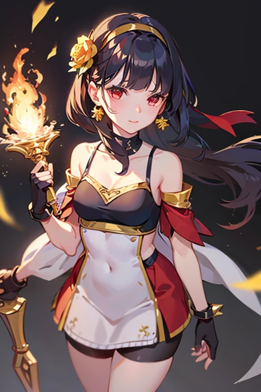 yor briar, anime style beutiful woman, 1girl, happy, smile, red face, closed mouth, beautiful detailed eyes, super detailed skin, backlighting, bare shoulders, black background, black dress, black gloves, black hair, breasts, dress, earrings, fingerless gloves, floating hair, floral print, flower, gloves, gold earrings, gold hairband, hair flower, hair ornament, hairband, holding, holding weapon, jewelry, large breasts, long hair, looking at viewer, off-shoulder dress, off shoulder,red eyes, short hair with long locks, sidelocks, solo, spikes, thighs, two-sided dress, two-sided fabric, weapon, fighting stance , face, close up, from above, highest quality, high resolution.