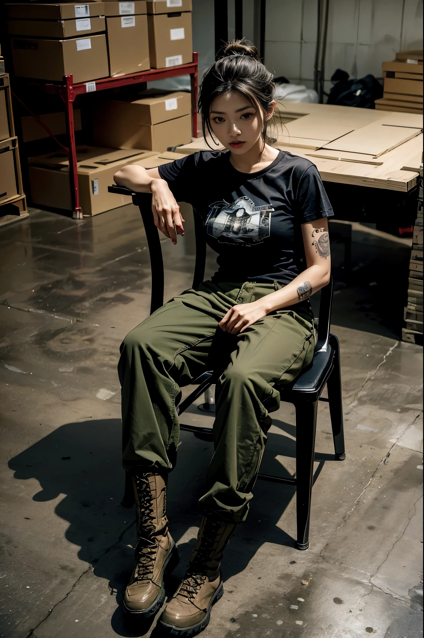 8K, realistic photo, realistic skin texture, beautiful Japanese American female US Army soldier, simple warehouse, sitting on a simple chair and maintaining an automatic rifle, maintenance, Automatic rifles do not have magazines installed.Automatic rifle parts on the table、military pants, boots, tattoos, T-shirt, toned body