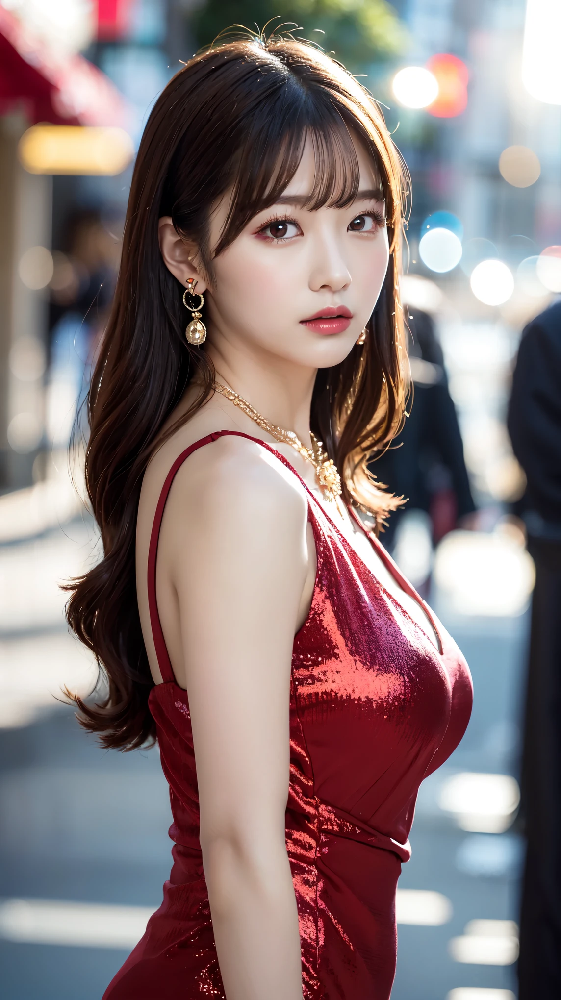 1 female, Beautiful Japanese actresses, Age 25, Double Eye,mile, Detailed face, Big earrings，Large Necklace, Flashy makeup using red eyeshadow，light brown delicate middle cut hair，The tips of the hair are wavy，Classy hairstyle，Fine grain,Slender actress, Large breasts, valley, Small hips, Side Bust Barbosa), Sexy silk embroidered mermaid dress:1.2), break long black hair, BREAK ceremony, Red carpet, Official Art，Highly detailed CG Unity 8k wallpaper, (masterpiece:1.0),(highest quality:1.0), photo shoot, 8k, Browsing Caution, High resolution, Kodak Portrait 400, Film Grain, Lens flare brilliance,Show Viewer, View from the front