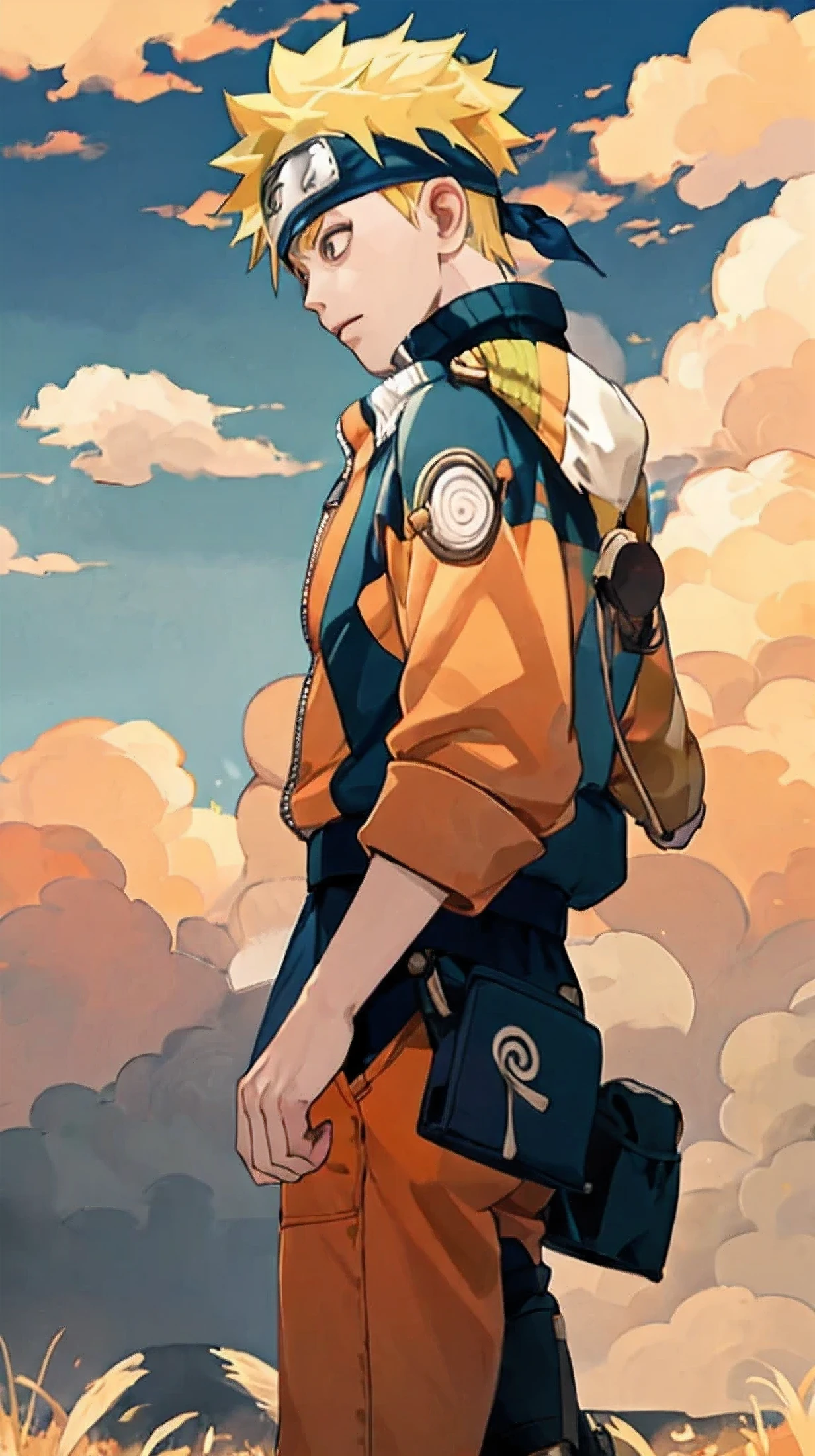 uzumaki_naruto, 1boy, blonde_hair, male_focus, sky, outdoors, solo, cloud, forehead_protector, day, grass, orange_pants, spiked_hair, blue_sky, standing, from_behind, from_below, long_sleeves, cloudy_sky, flower, orange_jacket, headband, leaf, pouch, field, jacket, pants,8k,4k