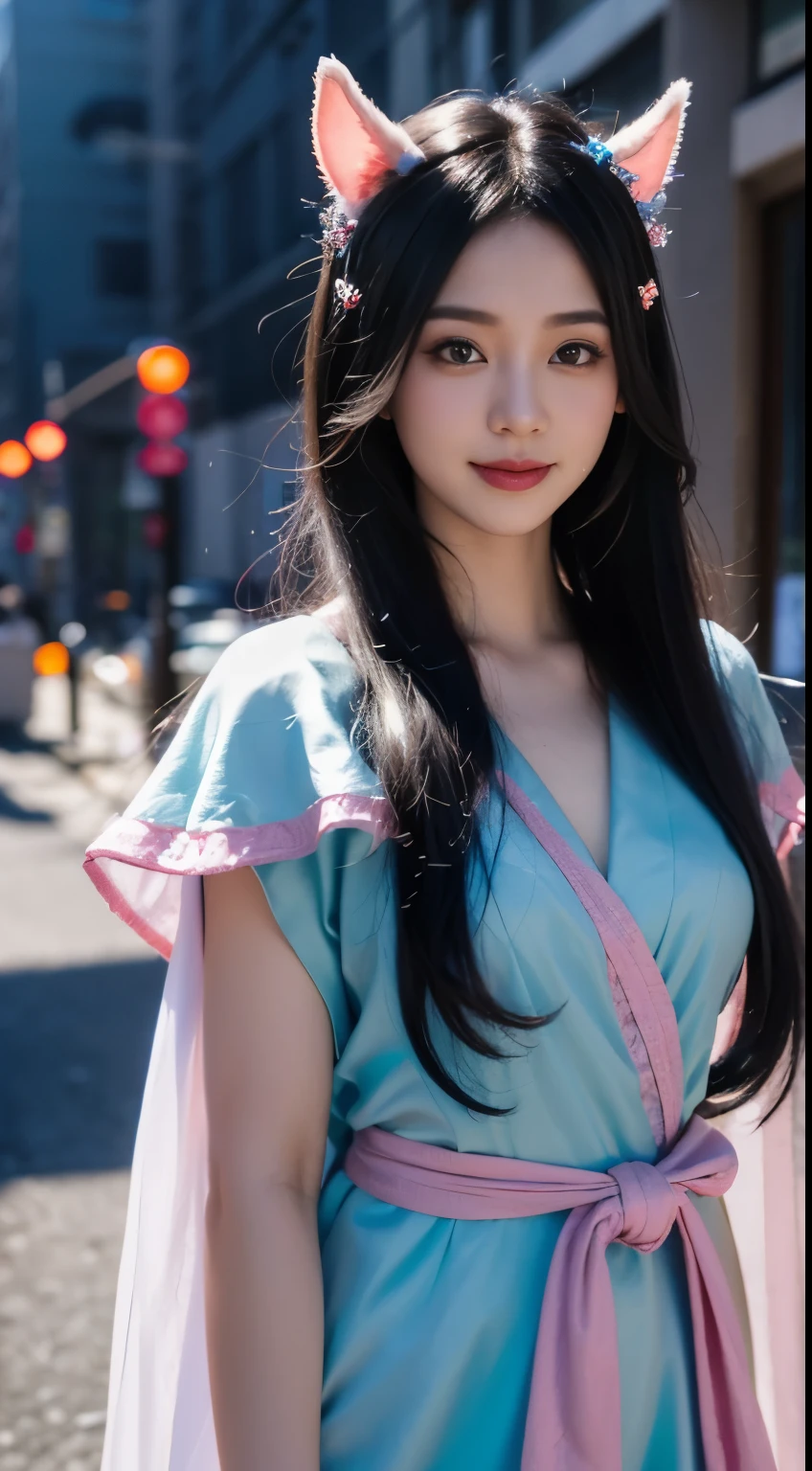 A woman in a dress is walking in front of a building, wlop 和 ross tran, ross tran 和 wlop, Ross Tran 8K, WLOP Art, Complicated, Beautiful fantasy art, The Art of wlop, Epic and beautiful character art, Beautiful elf in gorgeous robes, WLOP's style, High quality fantasy art, Amazing fantasy art black hair, hair bobbles, wince, longeyelashes, solid circle eyes, fake animal ears, light smile, ear blush, fang, Surrealism, drop shadow, anaglyph, stereogram, tachi-e, pov, atmospheric perspective, 8k, super detail, ccurate, best quality