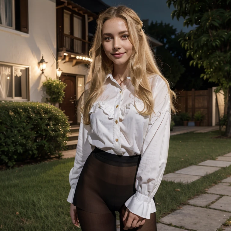 masterpiece, best quality,  absurdres, looking at viewer, solo, rita rossweisse (summer night's dream), rita rossweisse, shirt, pantyhose, red rose, red eyes, blonde hair, long sleeves, mole under eye, hair over one eye,  frilled shirt, white shirt,  seductive smile,  (ulzzang-6500:0.8), long hair, day, outdoors  black pantyhose