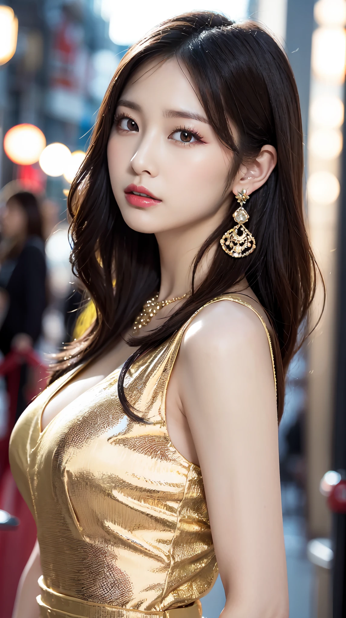 1 female, Beautiful Japanese actresses, Age 25, Double Eye,mile, Detailed face, Big earrings,Large Necklace, Flashy makeup using red eyeshadow,light brown delicate middle cut hair,The tips of the hair are wavy,Classy hairstyle,Fine grain,Slender actress, Large breasts, valley, Small hips, Side Bust Barbosa), Sexy silk embroidered mermaid dress:1.2), break long black hair, BREAK ceremony, Red carpet, Official Art,Highly detailed CG Unity 8k wallpaper, (masterpiece:1.0),(highest quality:1.0), photo shoot, 8k, Browsing Caution, High resolution, Kodak Portrait 400, Film Grain, Lens flare brilliance,Show Viewer, View from the front
