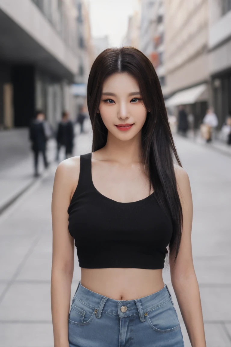 {(best quality), (realistic, photo-realistic, real), masterpiece, finely detail, highres}, {medium long shot, ambient lighting, soft lighting, soft shadows}, {(high detailed skin:1.1), beautiful skin, realistic skin}, {((yeji)), korean, idol, 1girl, solo, (brown eyes:1.2), detailed face, detailed eyes, wide eyes, square face shape, beautiful face, perfect face proportions, pretty eyes}, {(smiling), realistic hair texture, (black hair:1.2)}, {looking at viewer, outside, standing in a street, with a korean city in the background, slim body, (small boobs:1.2), grey crop top, navel, thighs, High-waisted blue flared jean shorts}