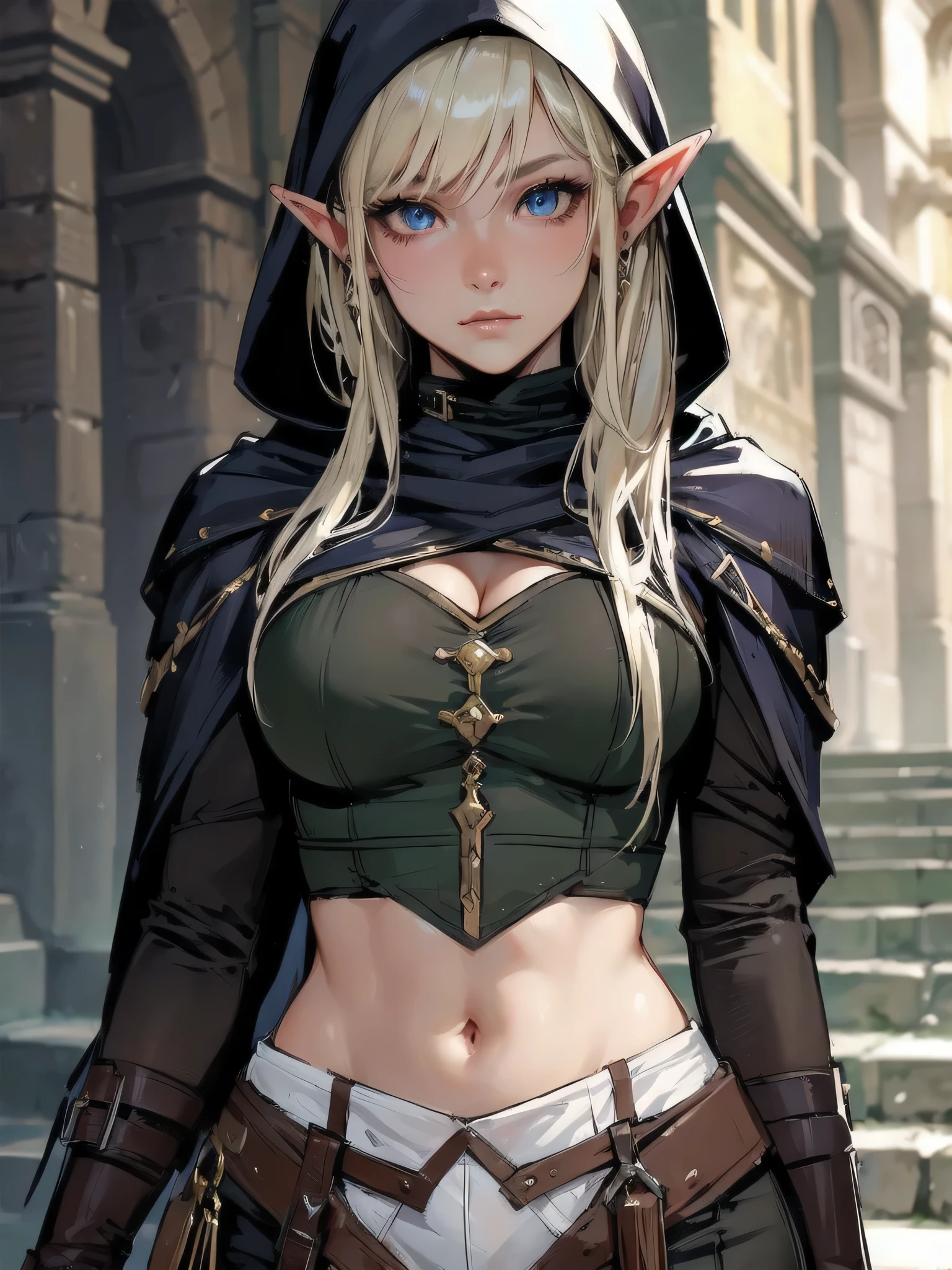(tanned elf girl:1.2), (big boobies), (long hair), (standing alone:1.2), (gradient brown background:1.2), (hooded belts:1.2), (chest tattoo:1.2), (well belt:1.0)