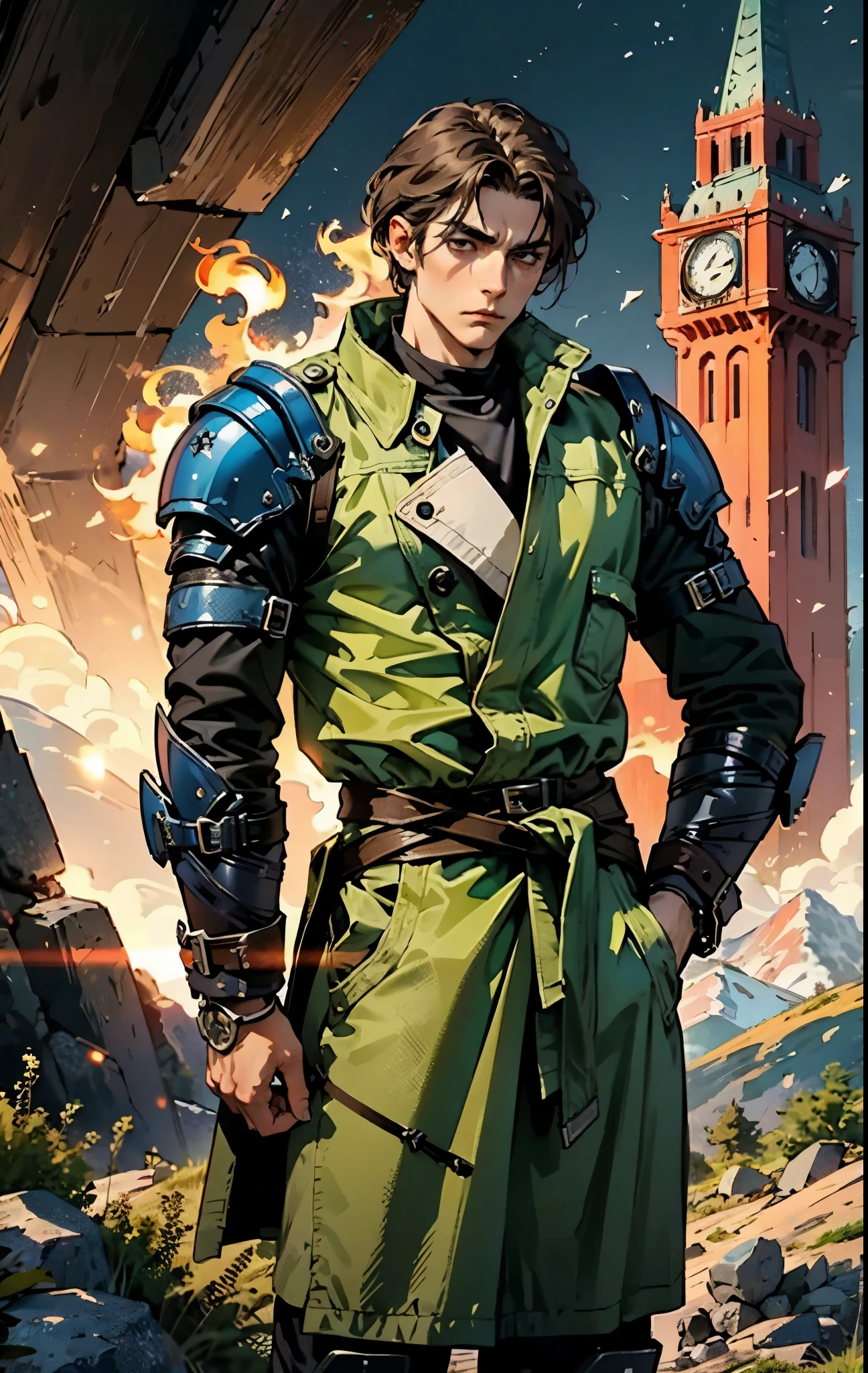 A man with short sandy brown hair, long side-parted bangs, a melancholic gaze, a troubled expression, pale skin, a fantasy-style gray trench coat with a large collar, under which lies leather chest armor, a black belt, worn-out yellowish shoulder pads and wrist guards, utility trousers, the backdrop of a mountain wilderness at night, this character embodies a finely crafted fantasy-style adventurer in anime style, exquisite and mature manga art style, high definition, best quality, highres, ultra-detailed, ultra-fine painting, extremely delicate, professional, perfect body proportions, golden ratio, anatomically correct, symmetrical face, extremely detailed eyes and face, high quality eyes, creativity, RAW photo, UHD, 32k, Natural light, cinematic lighting, masterpiece-anatomy-perfect, masterpiece:1.5