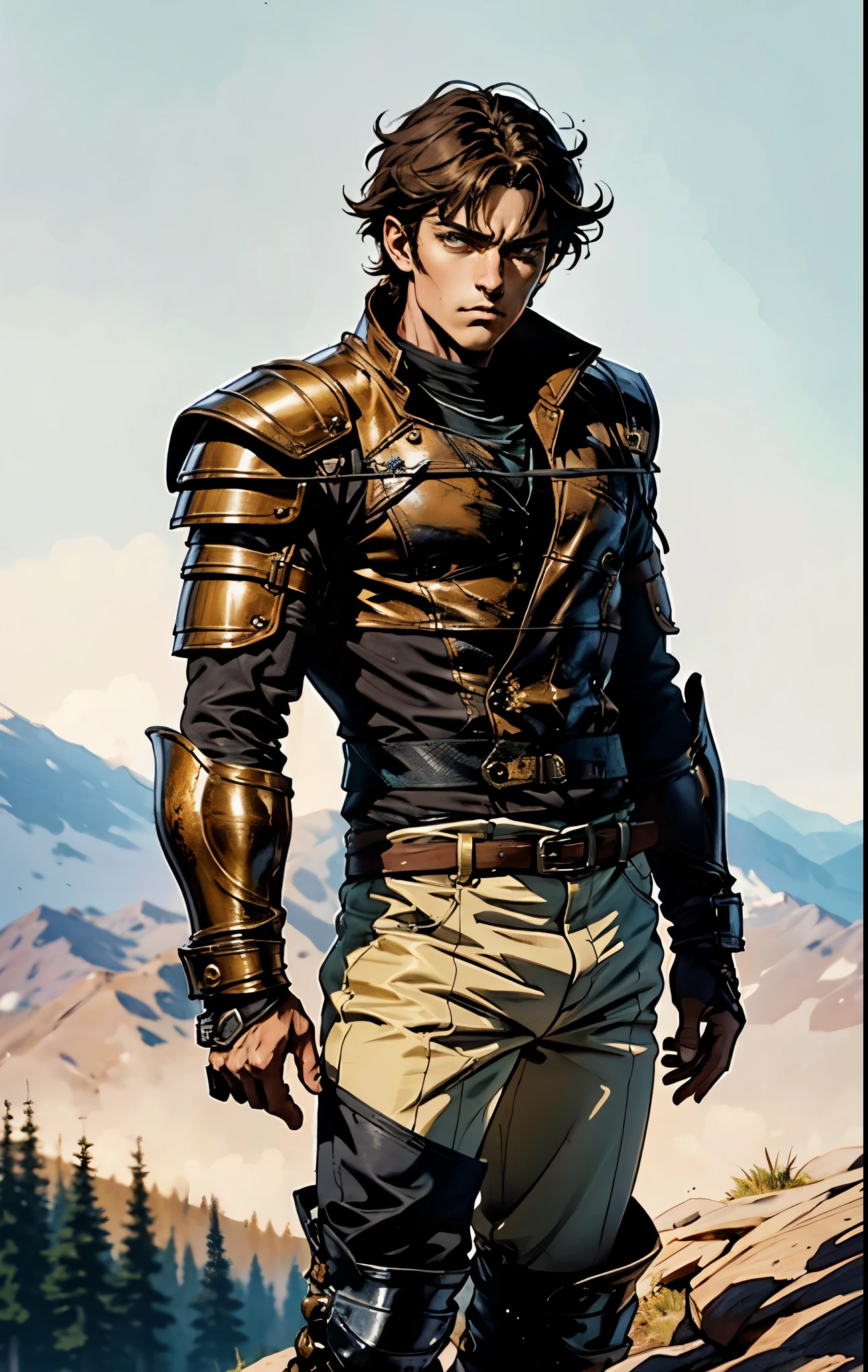 A man with short sandy brown hair, long side-parted bangs, a melancholic gaze, a troubled expression, pale skin, a fantasy-style gray trench coat with a large collar, under which lies leather chest armor, a black belt, worn-out yellowish shoulder pads and wrist guards, utility trousers, the backdrop of a mountain wilderness at night, this character embodies a finely crafted fantasy-style adventurer in anime style, exquisite and mature manga art style, high definition, best quality, highres, ultra-detailed, ultra-fine painting, extremely delicate, professional, perfect body proportions, golden ratio, anatomically correct, symmetrical face, extremely detailed eyes and face, high quality eyes, creativity, RAW photo, UHD, 32k, Natural light, cinematic lighting, masterpiece-anatomy-perfect, masterpiece:1.5