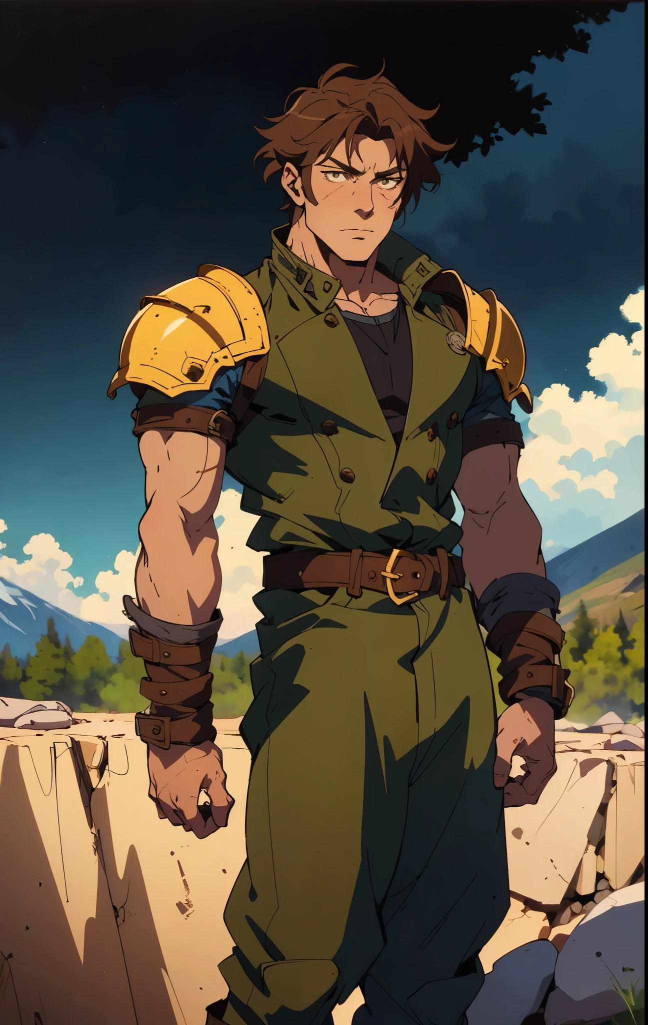 A man with short sandy brown hair, long side-parted bangs, a melancholic gaze, a troubled expression, pale skin, a fantasy-style gray trench coat with a large collar, under which lies leather chest armor, a black belt, worn-out yellowish shoulder pads and wrist guards, utility trousers, the backdrop of a mountain wilderness at night, this character embodies a finely crafted fantasy-style adventurer in anime style, exquisite and mature manga art style, high definition, best quality, highres, ultra-detailed, ultra-fine painting, extremely delicate, professional, perfect body proportions, golden ratio, anatomically correct, symmetrical face, extremely detailed eyes and face, high quality eyes, creativity, RAW photo, UHD, 32k, Natural light, cinematic lighting, masterpiece-anatomy-perfect, masterpiece:1.5
