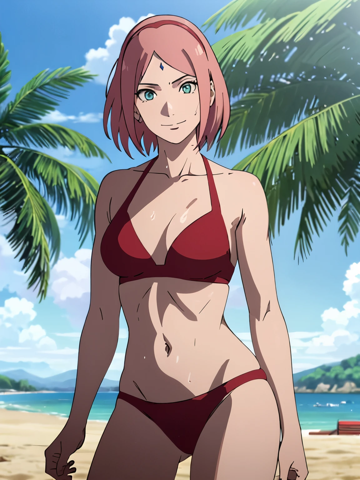 anime style, solo, 1 woman, warm, from left, close view, (wrestling in beach, sweating body, closed fists), super ultra details, bold drawing lines, very high resolution, perfect anatomy, ultra detailed face, high vibrance, (blue light), ((cold colors)), 1girl, haruno sakura, (slim body, warm skin, thin belly , off-shoulders, biceps, slim arms, leaning forward, forehead mark, smile, hand leaning, navel, groin), ((red string bikini, red hair band)), looking at viewer, (wrestling in beach), floating hair, big smile, cowboy shot, (reddish hair, detailed hair, missy hair, short hair), spring time, attractive colors
