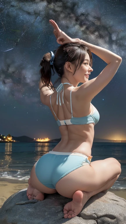 Tabletop, (highest quality), 23 years old,Very detailed, finely, (High resolution), (8k), ((Perfect rear view composition)), Natural color lip,(ponytail:1.3),((A girl sits with her legs spread apart on a rock)),(sitting barefoot on the sand:1.3),(Light Orange Bikini)),((Fitness Shorts Light Blue),((whole body:1.3),,((shrapnel:1.3)),((Perfect rear view:1.3)),((The magnificent Milky Way floating in the night sky)),((Pose with your arms raised above your head)),(look back and smile),((Thigh ribbon)),((Big Ass)),((Ample breasts)),(Full and firm breasts),(Small Pareo),