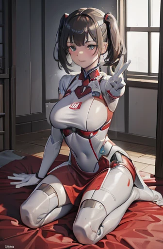 A Female robot is sleeping in bedroom, spread legs, nude, banzai pose. she wears no dress. She Brown short hair is tied with two big red clothespins, She lifts up the under hem of her white plain dress, leaning over, masterpiece, very short pigtails,brown hair, mature, android, blue eyes, full body figure, Height: 160cm, flushed cheeks, 2020s anime picture, A beautiful robot with short brown hair in two short pigtails held up by two very large huge red clothespins, Uplifting, No NSFW, whole body, barefoot, archaic smile, getting orgasm, 25 years old, sweat bucket. Her bowel is out from mouth.