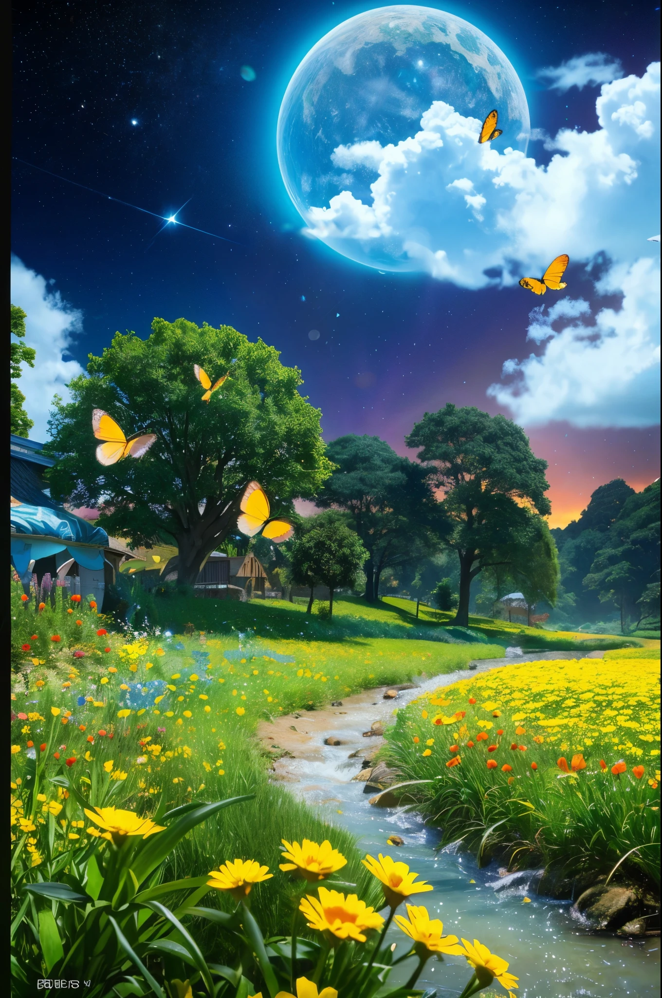masterpiece, 最high quality, high quality, Very detailed cg unity 8k wallpaper, With vibrant colors and a bright night sky、an extremely colorful and pure fantasy environment, Star-filled sky, Bright green grass landscape, colorful trees々, Shining Fruit, Bright and shiny blue flower. The stream is a deep black color, The air is filled with sweet exotic scents. The environment looks like something out of a dream, Glowing butterflies and giant colorful birds fly around, Award-winning photography, Bokeh, Depth of written boundary, High resolution, bloom, chromatic aberration ,Realistic,Very detailed, Trending on ArtStation, Trending on CGSociety, Complex, Attention to detail, dramatic, art：mid journey