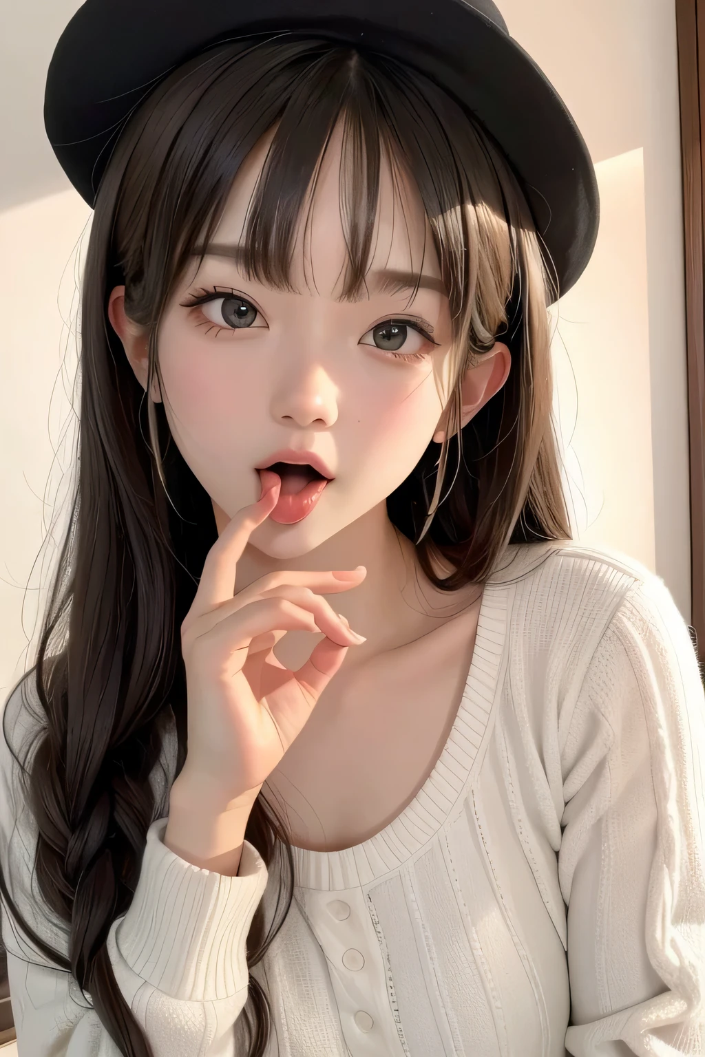 masterpiece,best qualtiy,FellatioGesture,fellatio_gesture,1girl,blush,open_mouth,tongue_out,white sweater,small breast