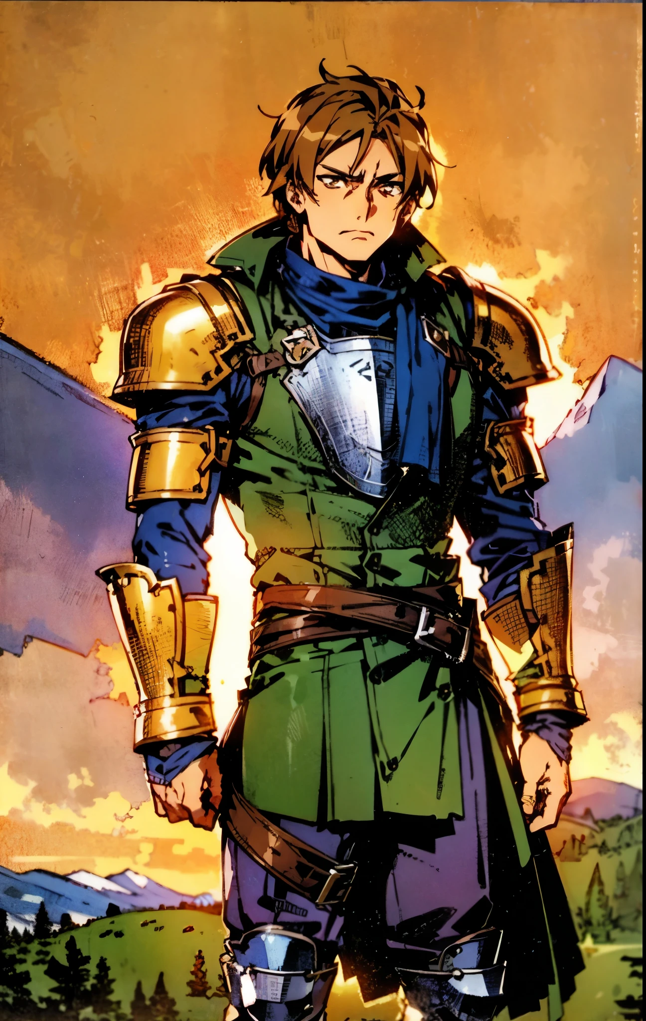 A man with short sandy brown hair, long side-parted bangs, a melancholic gaze, a troubled expression, pale skin, a fantasy-style gray trench coat with a large collar, under which lies leather chest armor, a black belt, worn-out yellowish shoulder pads and wrist guards, utility trousers, the backdrop of a mountain wilderness at night, this character embodies a finely crafted fantasy-style adventurer in anime style, exquisite and mature manga art style, high definition, best quality, highres, ultra-detailed, ultra-fine painting, extremely delicate, professional, perfect body proportions, golden ratio, anatomically correct, symmetrical face, extremely detailed eyes and face, high quality eyes, creativity, RAW photo, UHD, 32k, Natural light, cinematic lighting, masterpiece-anatomy-perfect, masterpiece:1.5