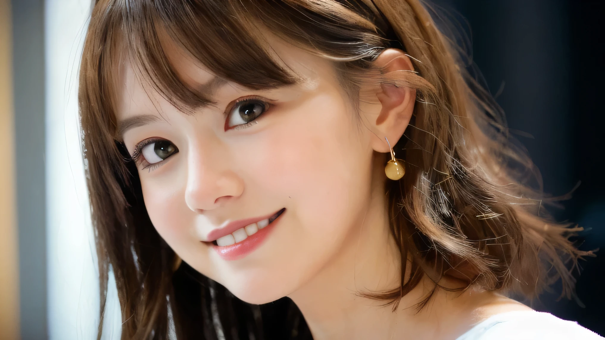 highest quality, Face focus, Soft Light, Ultra-high resolution, (Realistic:1.4), Raw photo, 1 Japanese girl, alone, cute, (pupil, Light in the eyes), Detailed beautiful face, (Small box),(High resolution detail of human skin texture), (Long Hair), indoor, Damask shirt dress, (Portraiture) information、Watching the audience, Light brown eyes:1.4,Highly detailed shiny hair brunette short bob hairstyle, Brightly colored winter clothes, White headスカーフ, lips, bangs,Closed Mouth, Upper Body、Big eyes、eyelash、{Huge|big|Huge|Mega} chest:2, Cleavage:2、(((short hair with bangs、Big eyes、A major highlight for students、large full chest、Look at the audience、She is very beautiful and cute、Show me your ears、Long neck、smile、Close your mouth and smilee、Beautiful Teeth)))、Ideal body proportions、(very simple red background:1.6) information