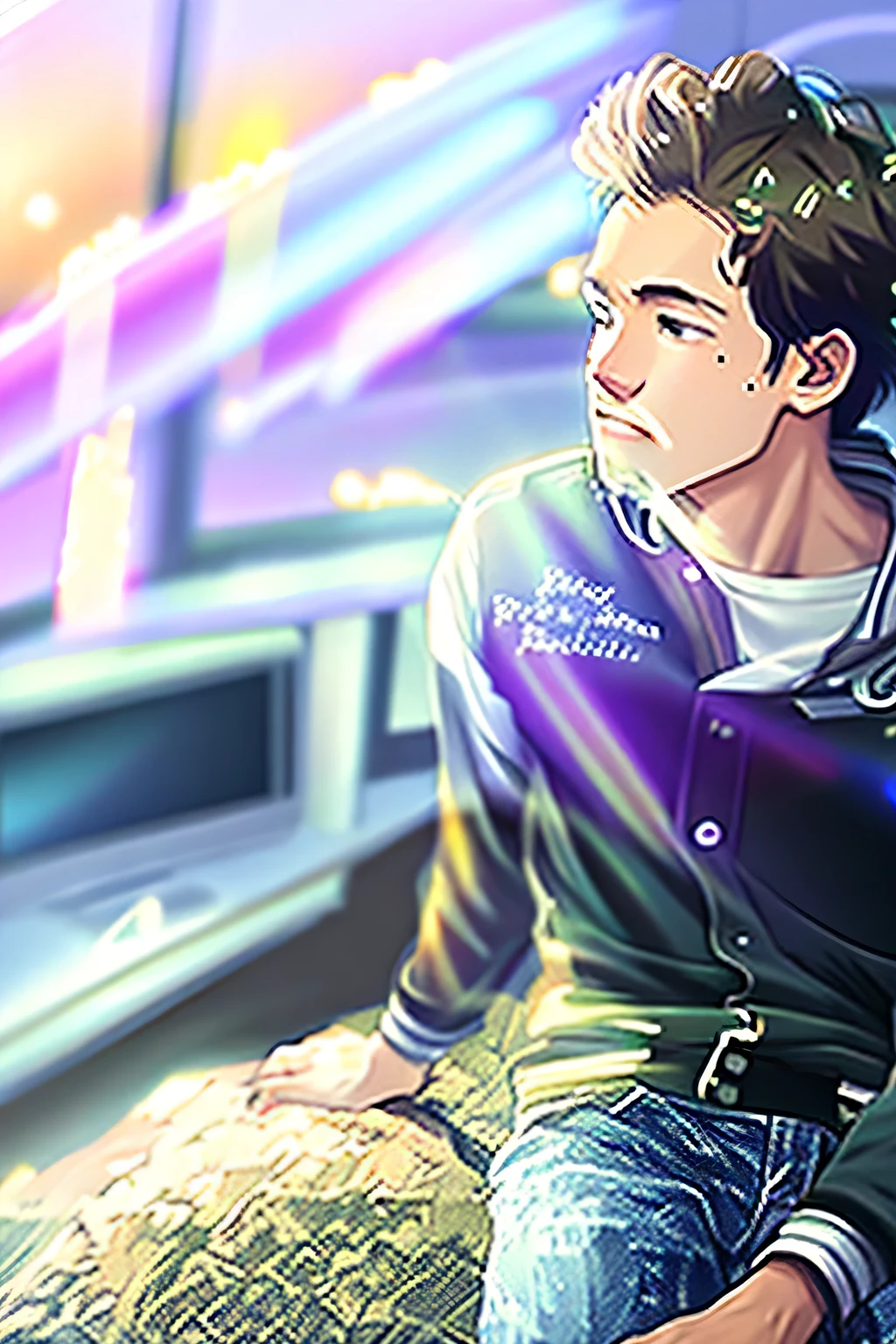 Anime boy sitting at desk, cute boy, holding computer and keyboard, ((Makoto Shinkai)), studio brisk Makoto Shinkai, Guvez style artwork, Makoto Shinkai. Digital rendering, digital anime illustration, kavasi, Makoto Shinkai art style, Makoto Shinkai style, Makoto Shinkai!