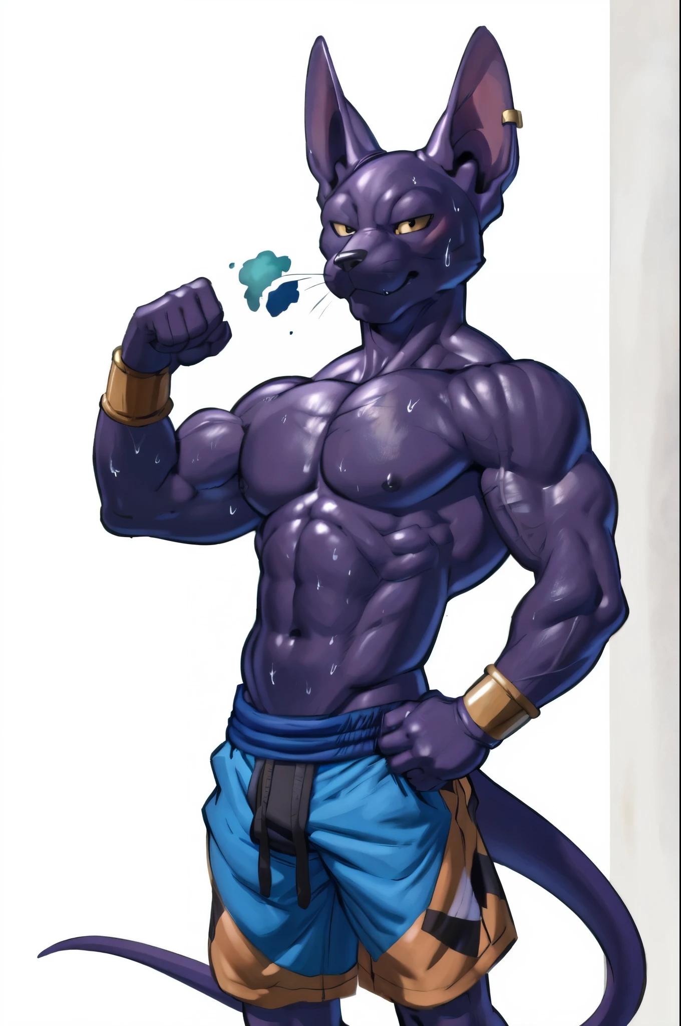 Beerus (dragonball), full body, full height, anthro feline. 4k, high resolution, best quality, posted on e621, solo, full height, anthro body, older male, masculine:1, male, very masculine, slim:1, skinny:1.6, ripped:1.2 muscles, (correct anatomy):1, huge torso, (white background, no background:1.2), (bare torso:1.1), white fur, bare chest, (wearing shorts), gloves, (detailed eyes:1.2), rough muzzle, sexy, (cel shaded:1.2), (sweat:1.5), visible breath, sweat:1, (watercolors:1.2), confident, proud, (vascular, veins:1.1), (full body):1, flustered, cute, manly, flexing, (by takemoto arashi, by meesh, by Taran Fiddler)