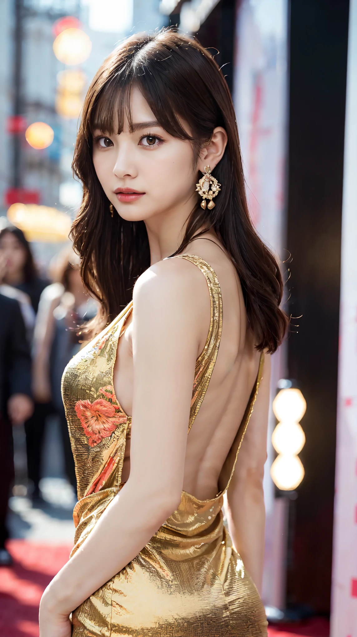 (8k, RAW photos, top quality, masterpiece: 1.2), ultra detail, super resolution, (real, real photos: 1.37), portraits, high definition RAW color photos, solo, professional photos, very detailed and beautiful, highly detailed, 8k wallpapers, amazing details, huge file size, official art, highly detailed CG Unity 8k wallpapers, highly detailed beautiful girls, Highly detailed face, very detailed eyes, very detailed skin, very detailed fingers, very detailed nose, very detailed detailed mouth, perfect anatomy, detailed background, (golden luxury dress, full dress, no bra, Academy Awards, red carpet, super big), detailed clothes, one girl, (20:1.2), 20s, cute girl, realistic body, petite, white skin, radiant skin, slim body, Handsome Body, Black Hair, Short Hair, (Dull Bangs: 1.2), Smile, Pretty, Youthful, Pretty Face, Realistic Face, Chinese Beauty, Delicate Eyes, Saggy Eyes, Earrings, Camera Gaze, Front Face, Standing Posture, Contrapposto, Dynamic Lighting
