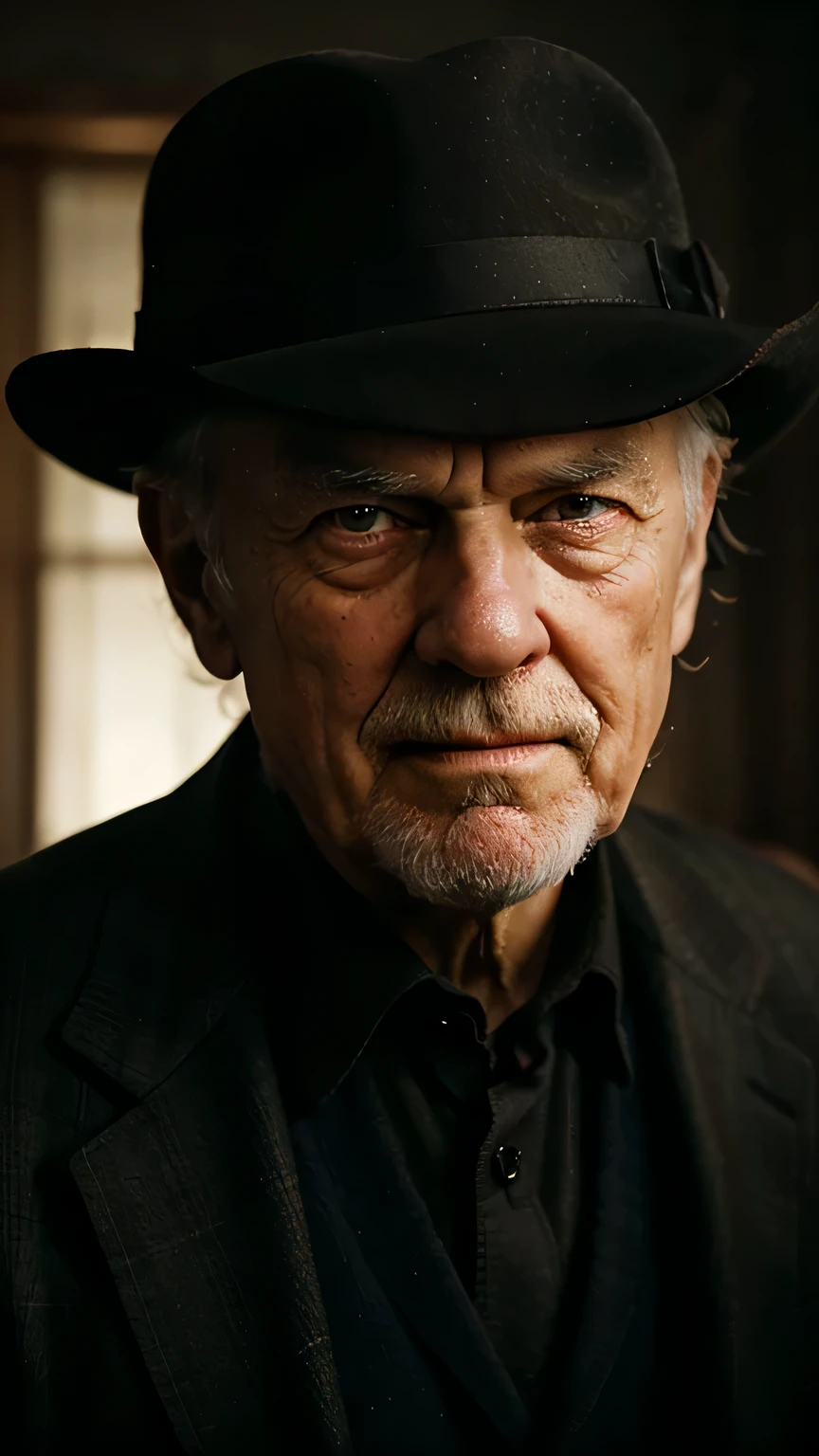 Prompt: In a dimly lit study, an aged gentleman leans forward, his lined face bathed in warm, cinematic lighting. The high dynamic range (HDR) accentuates every crease and furrow on his face, emphasizing the depth of character etched into his features.